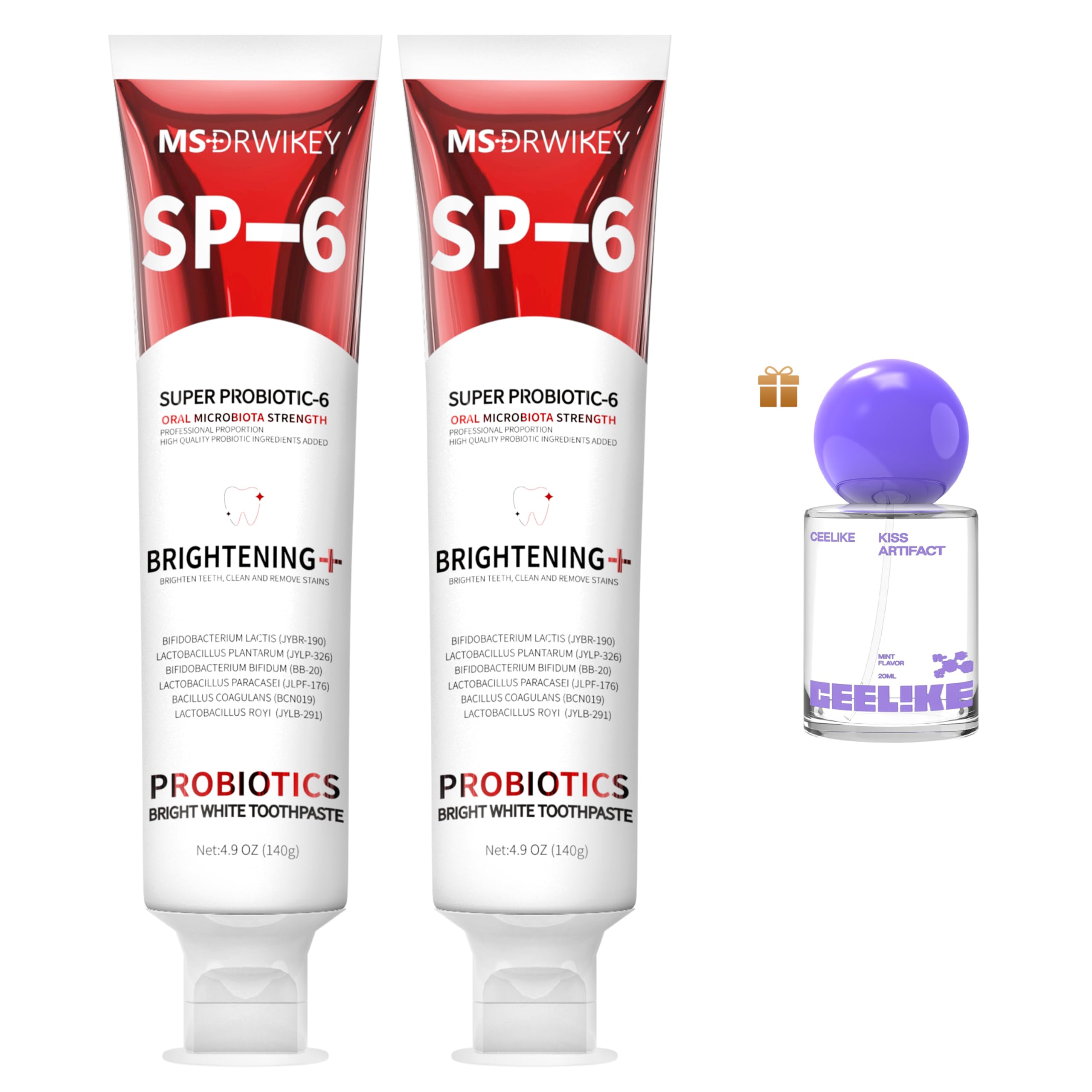 MSDRWIKEY SP-6 Whitening Toothpaste Twin-Pack – 6 Probiotics-Infused Toothpaste for Whitening and Oral Health + Free CEELIKE Probiotic Oral Spray, 4.9oz