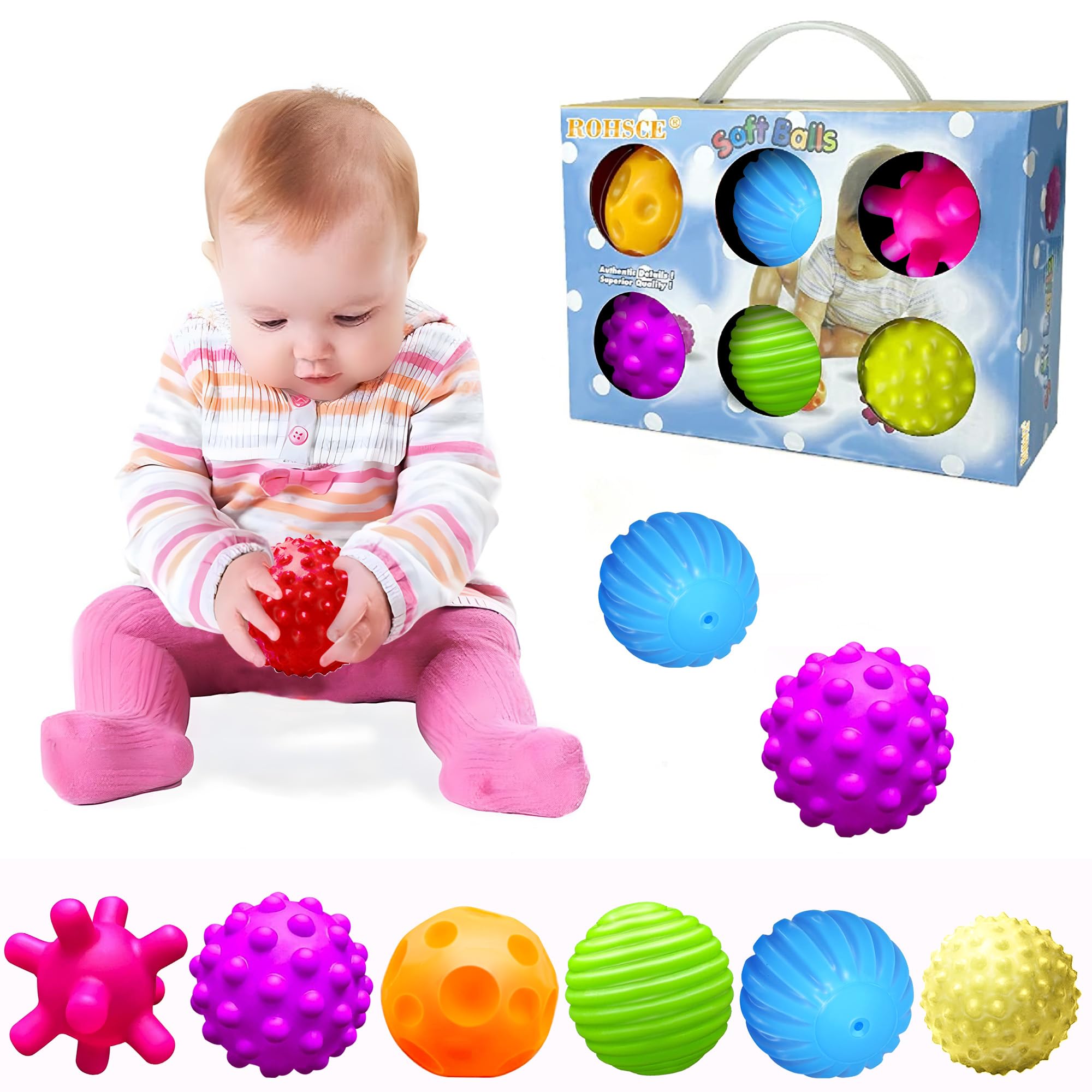 ROHSCE Sensory Balls for Baby Sensory Baby Toys 6 to 12 Months for Toddlers 1-3, Bright Color Textured Multi Soft Ball Gift Sets, Montessori Toys for Babies 6-12 Months Infant Toys (6 Pack)