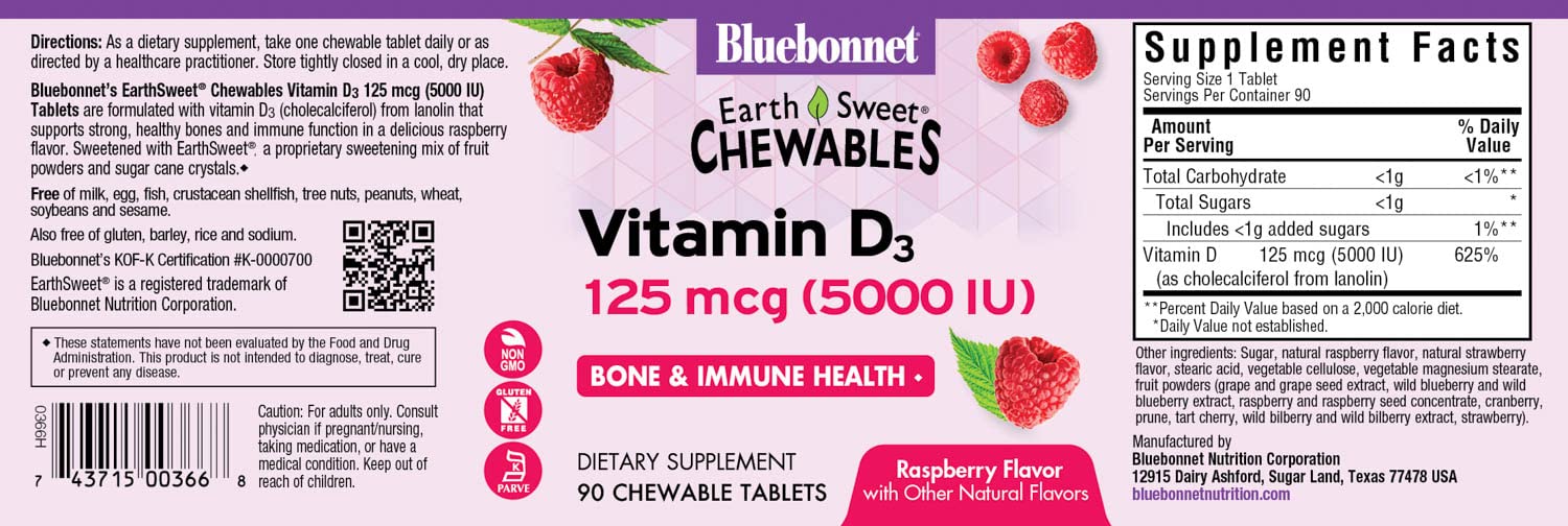 Bluebonnet Nutrition Earth Sweet Vitamin D3 5000 IU Chewable Tablets, Aids in Muscle & Skeletal Growth, Non GMO, Gluten & Soy & Milk Free, Kosher, Raspberry, White, 90 Count