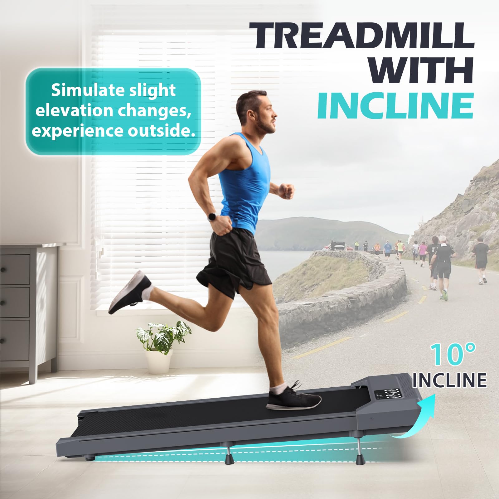 WELLFIT 10% Incline Walking Pad Treadmills for Home, Under Desk Treadmill 265lb Capacity, Voice Controlled Works with KINOMAP Apple Health, Compact for Apartment, Easy to Move Store Upright Place