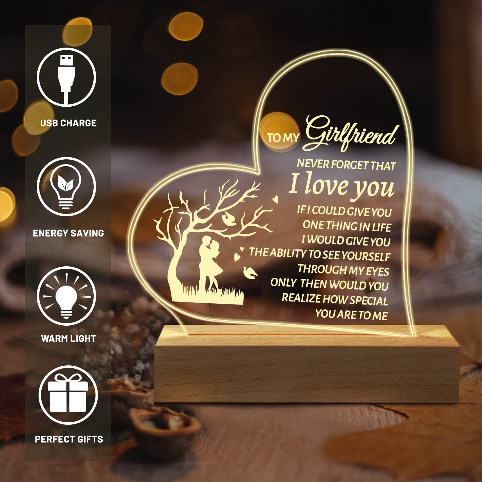 Hiipeenow Gifts for Girlfriend, to My Girlfriend Acrylic Engraved Night Light 15 * 19CM Presents, Birthday Anniversary Christmas Valentines Day Gifts for Girlfriend