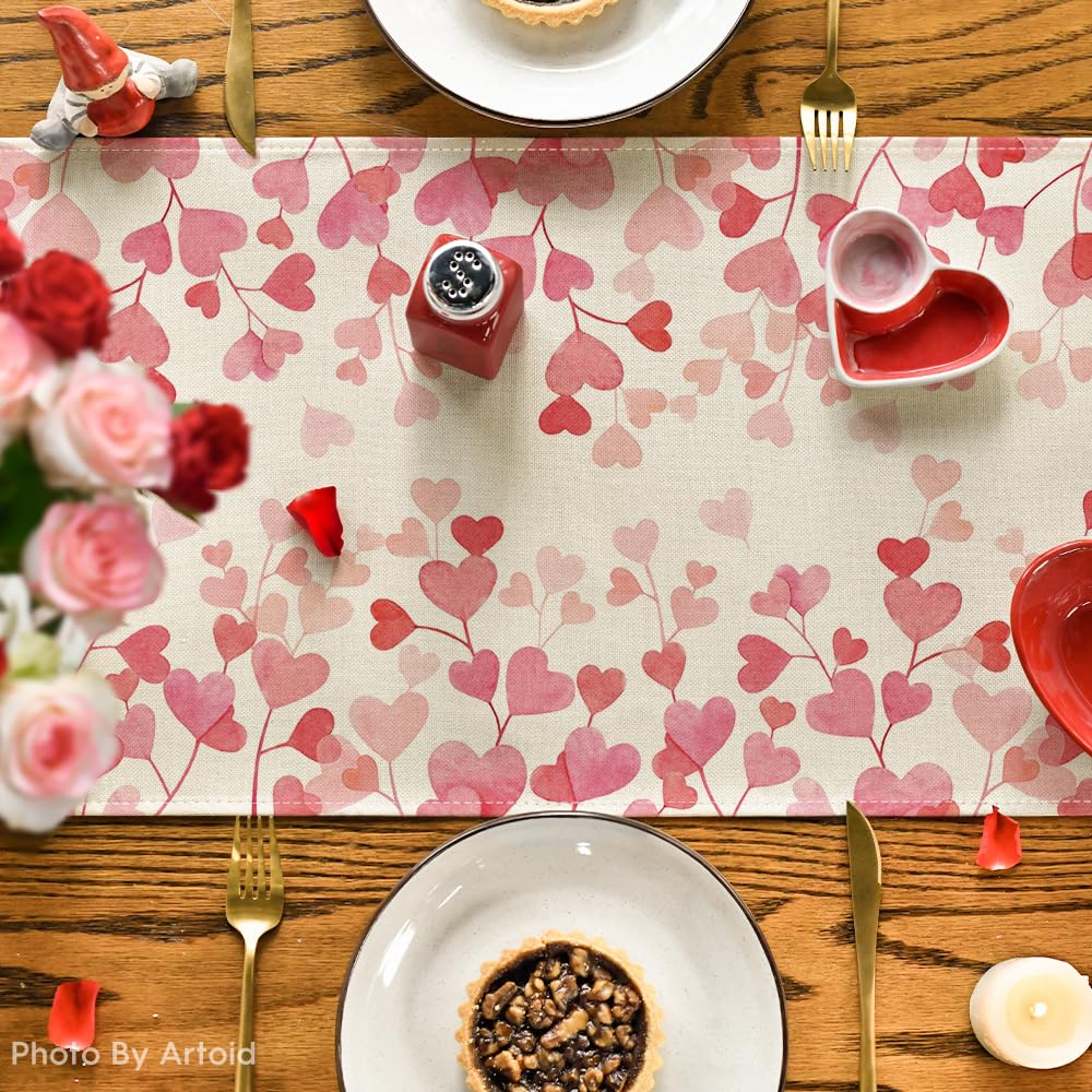 Artoid Mode Pink Love Valentine's Day Table Runner, Anniversary Wedding Kitchen Dining Table Decoration for Home Party Decor 13x72 Inch