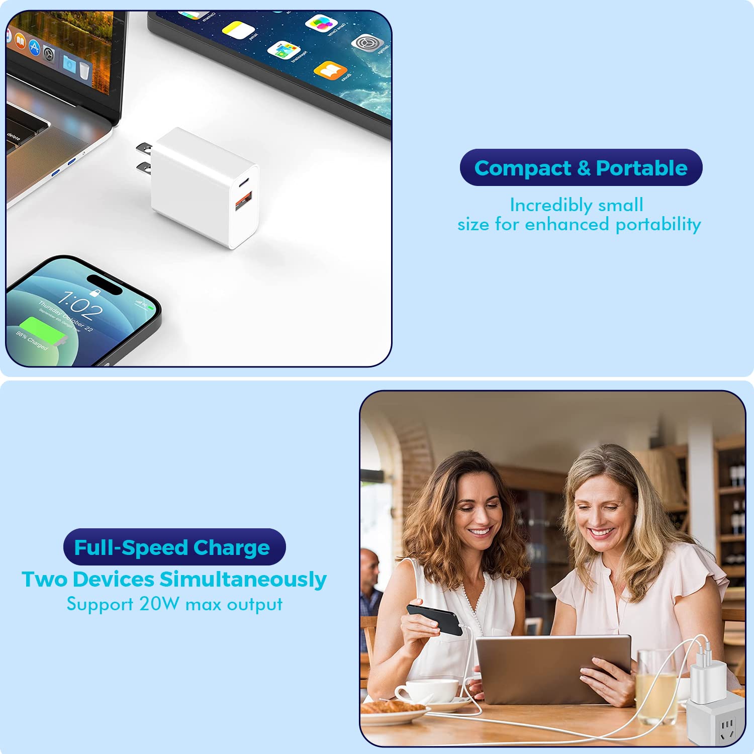 iPhone 16/15 Charger Block, 2Pack 20W Dual Port PD Fast USB C Wall Charger Adapter + USB A Quick Charging Brick Plug Compatible with iPhone 16/15/14/13/12/11/Pro Max/Plus/XS/XR/X,iPad,AirPods and More