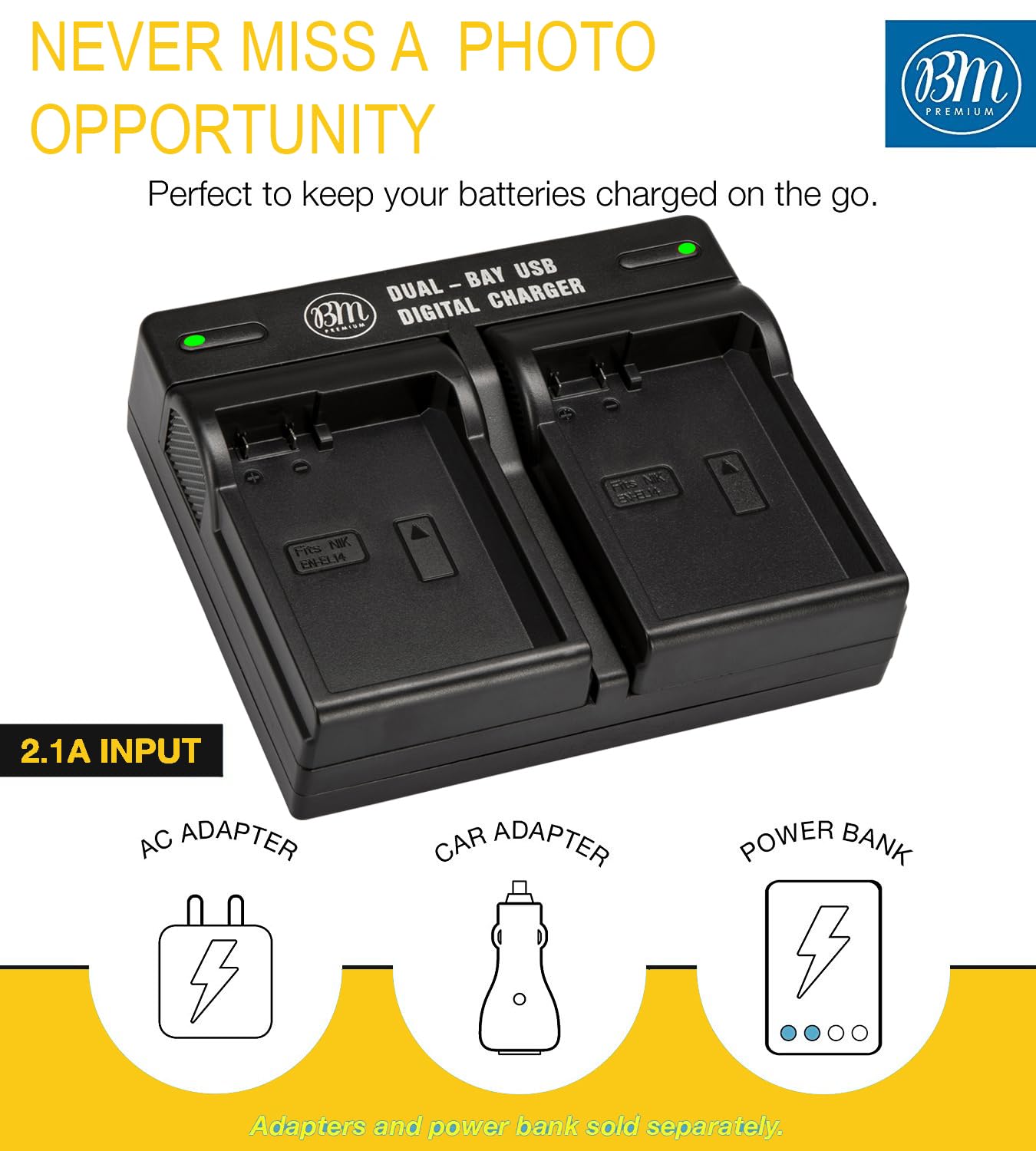 BM Premium 2 Pack of EN-EL14A Batteries and Dual Bay Battery Charger for Nikon D3100, D3200, D3300, D3400, D3500, D5100, D5200, D5300, D5500, D5600, DF Coolpix P7000, P7100, P7700, P7800 Cameras