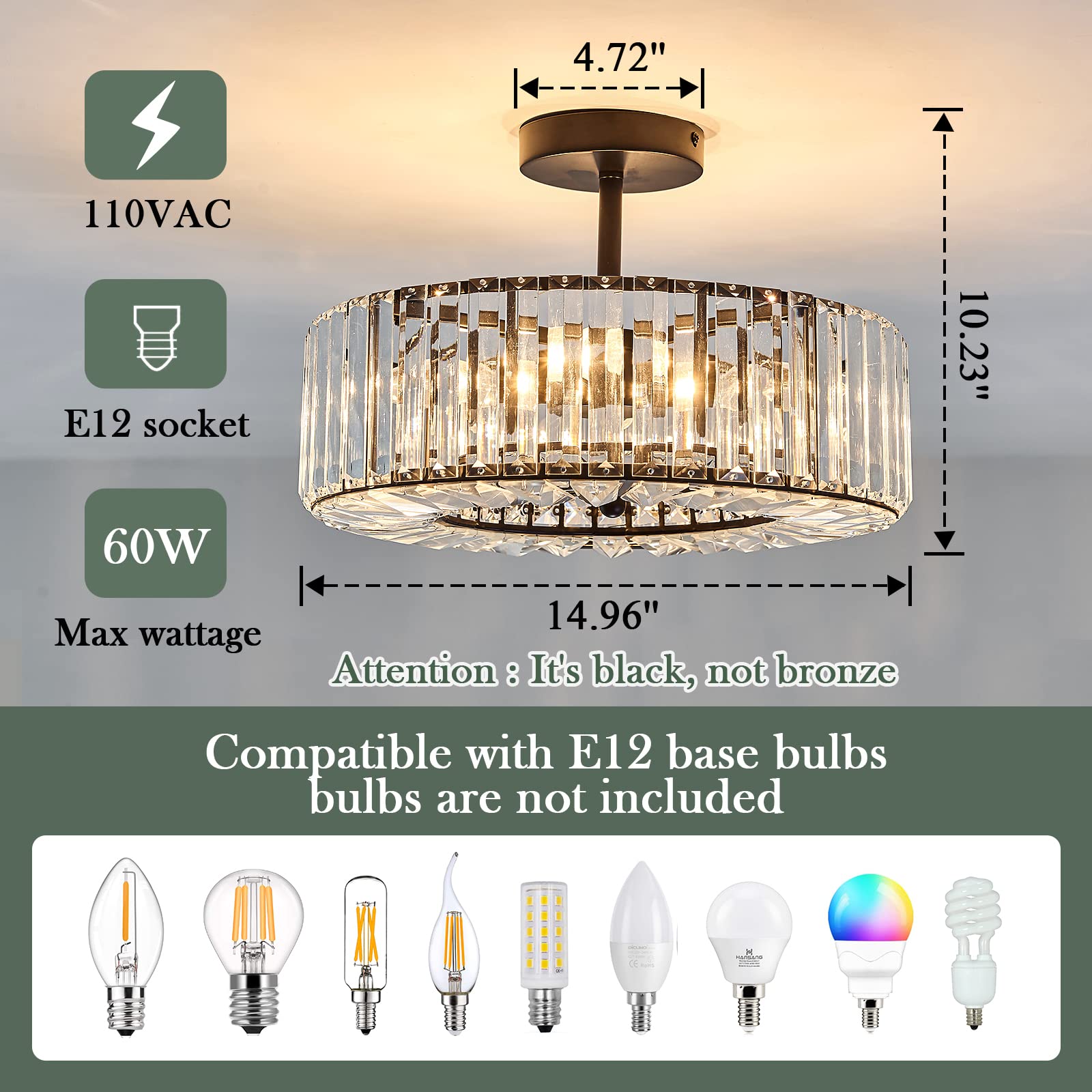 Piepooye 4 Lights Modern Crystal Chandelier Black Round Semi Flush Mount Ceiling Light Fixture Farmhouse Chandelier for Dinning Room Living Room Bedroom Hallway Entryway Kitchen