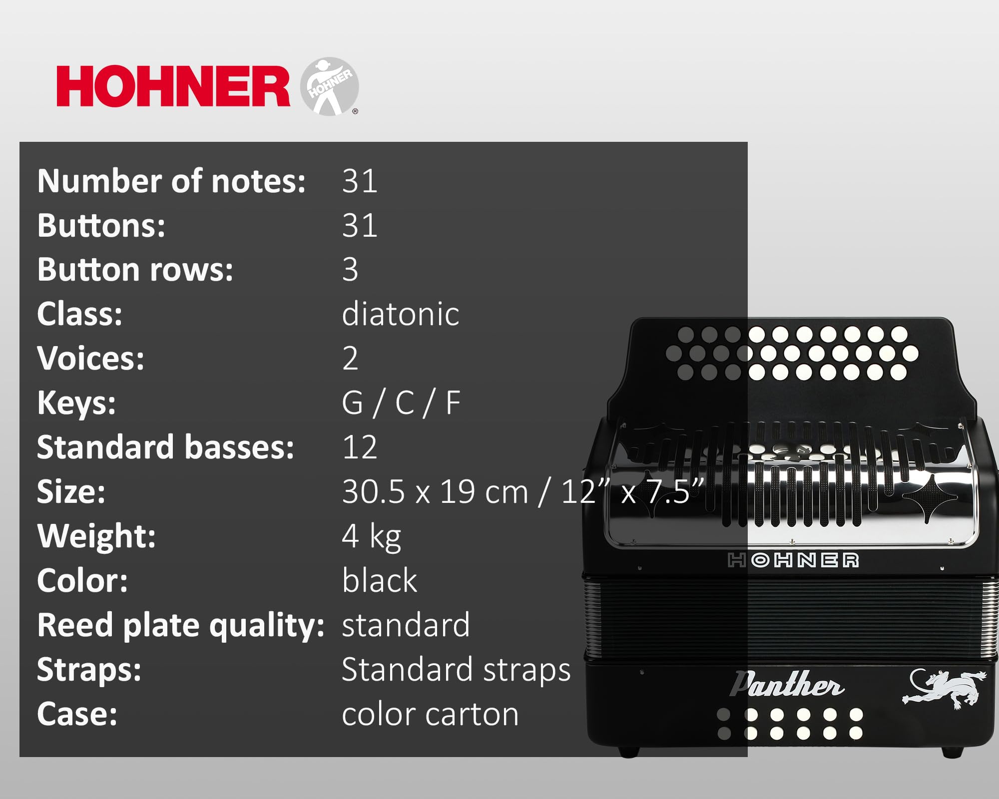Hohner Panther Diatonic Accordion - Keys G/C/F Bundle with Gig Bag and Austin Bazaar Polishing Cloth