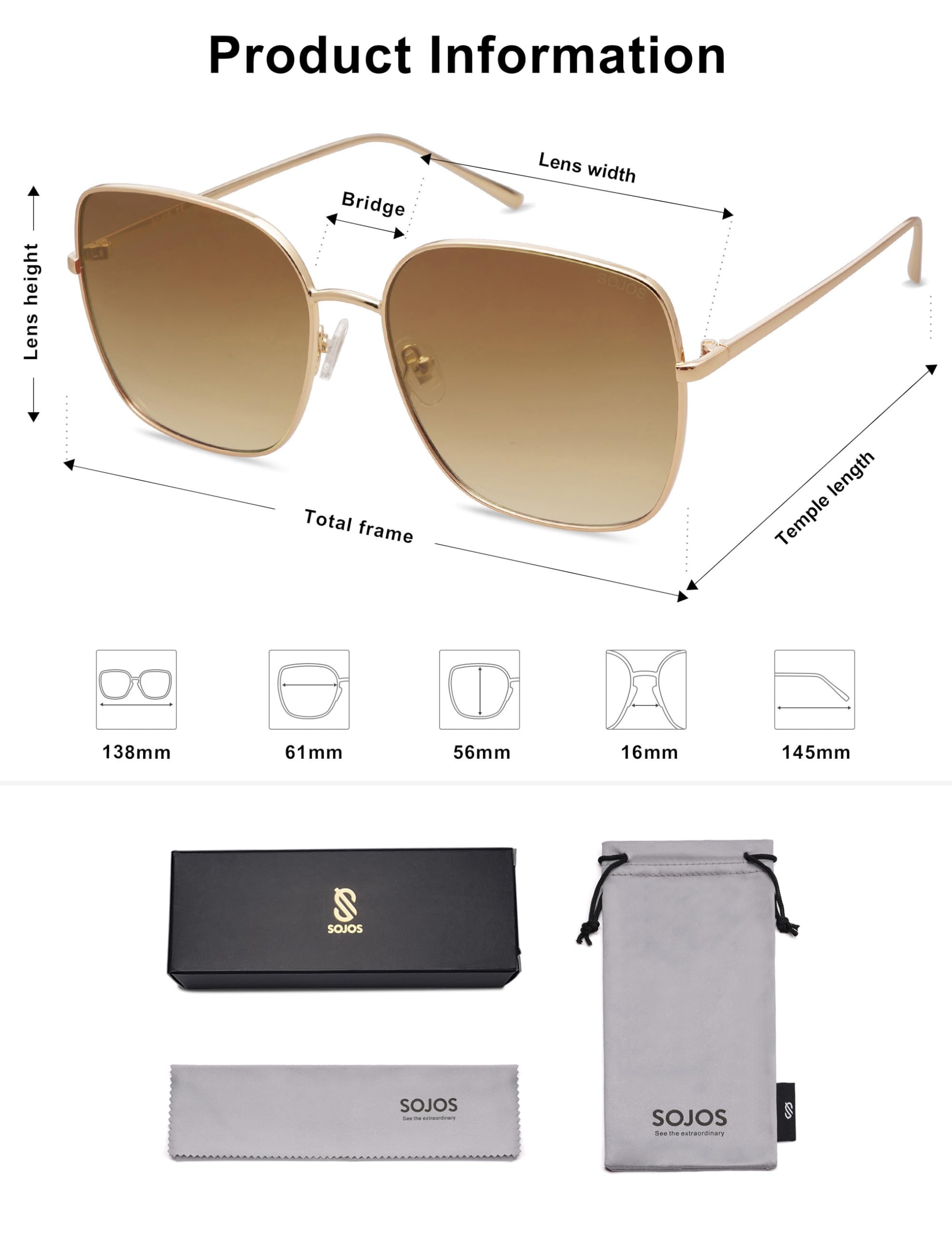 SOJOS Trendy Oversized Square Metal Frame Sunglasses for Women Men Retro Big Flat Lens UV Protection Sunglasses SJ1146, Gold Frame/Brown Grading Lens
