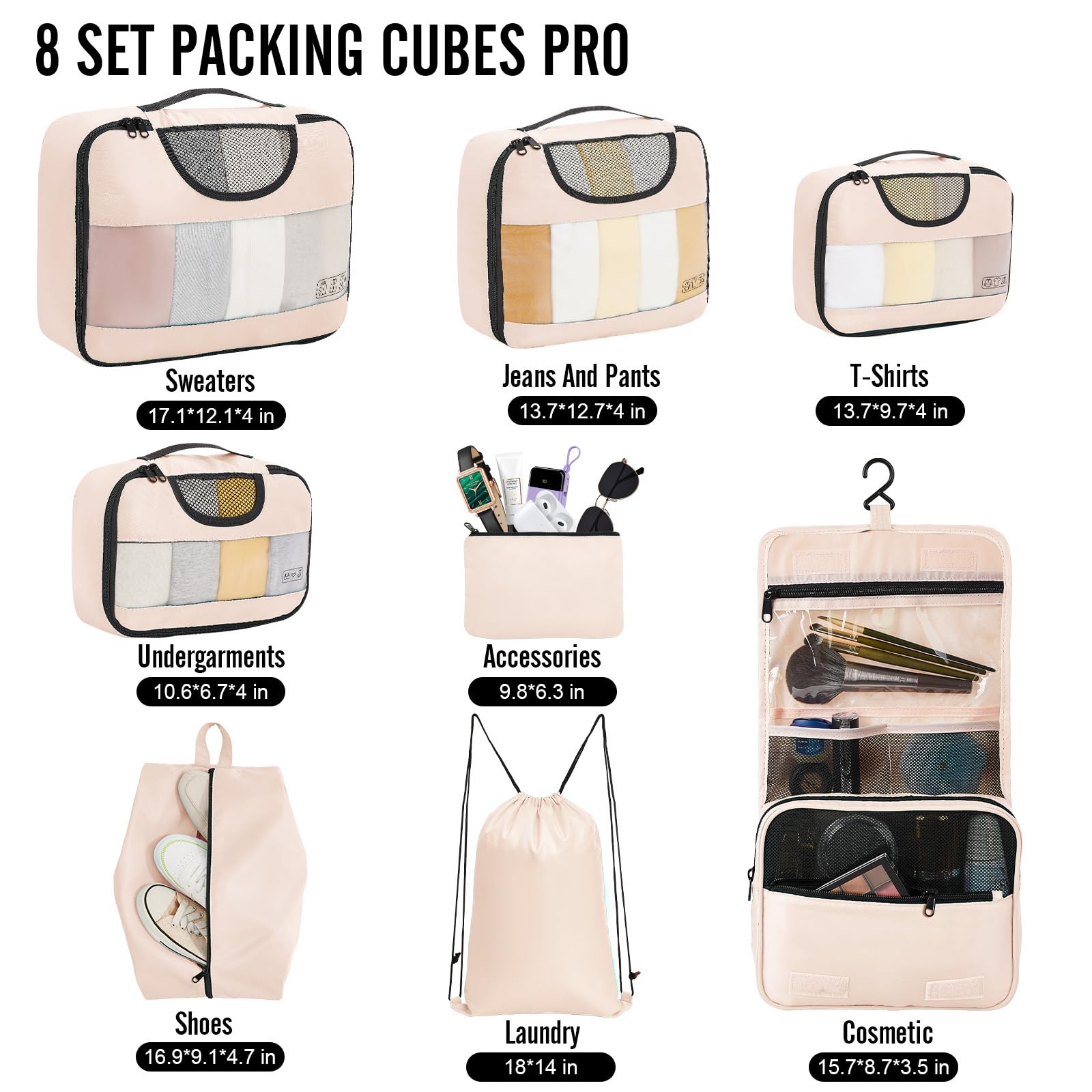 Veken 8 Set Packing Cubes for Travel, Gifts for Women Mom, Carry on Suitcase Organizer Bags for Luggage with Hanging Toiletry Bag and Shoe Bag, Travel Essentials Travel Accessories for Cruise Ship