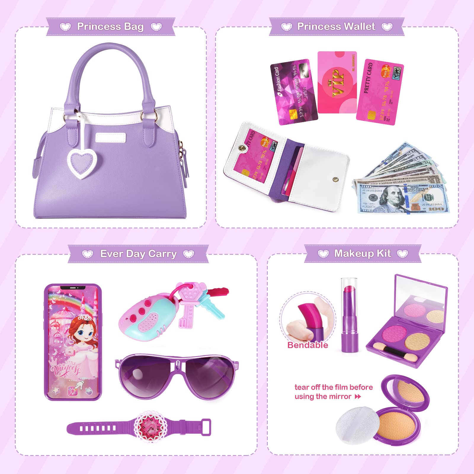 Shemira Play Purse for Little Girls, Princess Pretend Play Girl Toys for 3 4 5 6 7 8 Years Old, Birthday Gift for Girls Age 3-5 4-6 6-8, Toddler Purse with Accessories, Kids Toy Purse,Purple