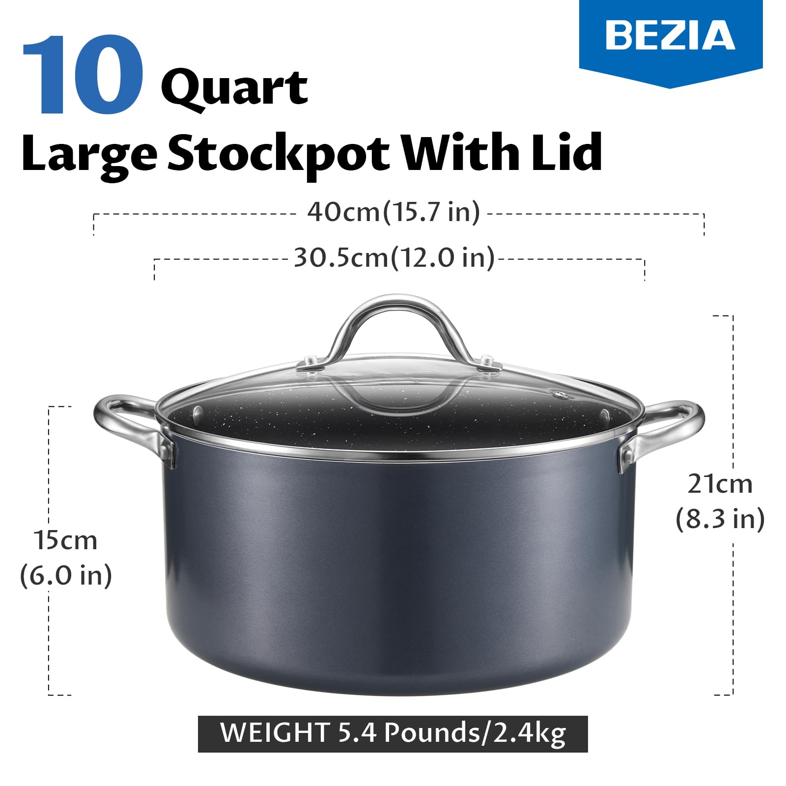 BEZIA 10 Quart Cooking Pot, Large Non Stick Induction Stock Pot with Lid, All Stove Compatible, 10 QT Aluminum Soup/Stew Pot For Large-batch Cooking, Grey