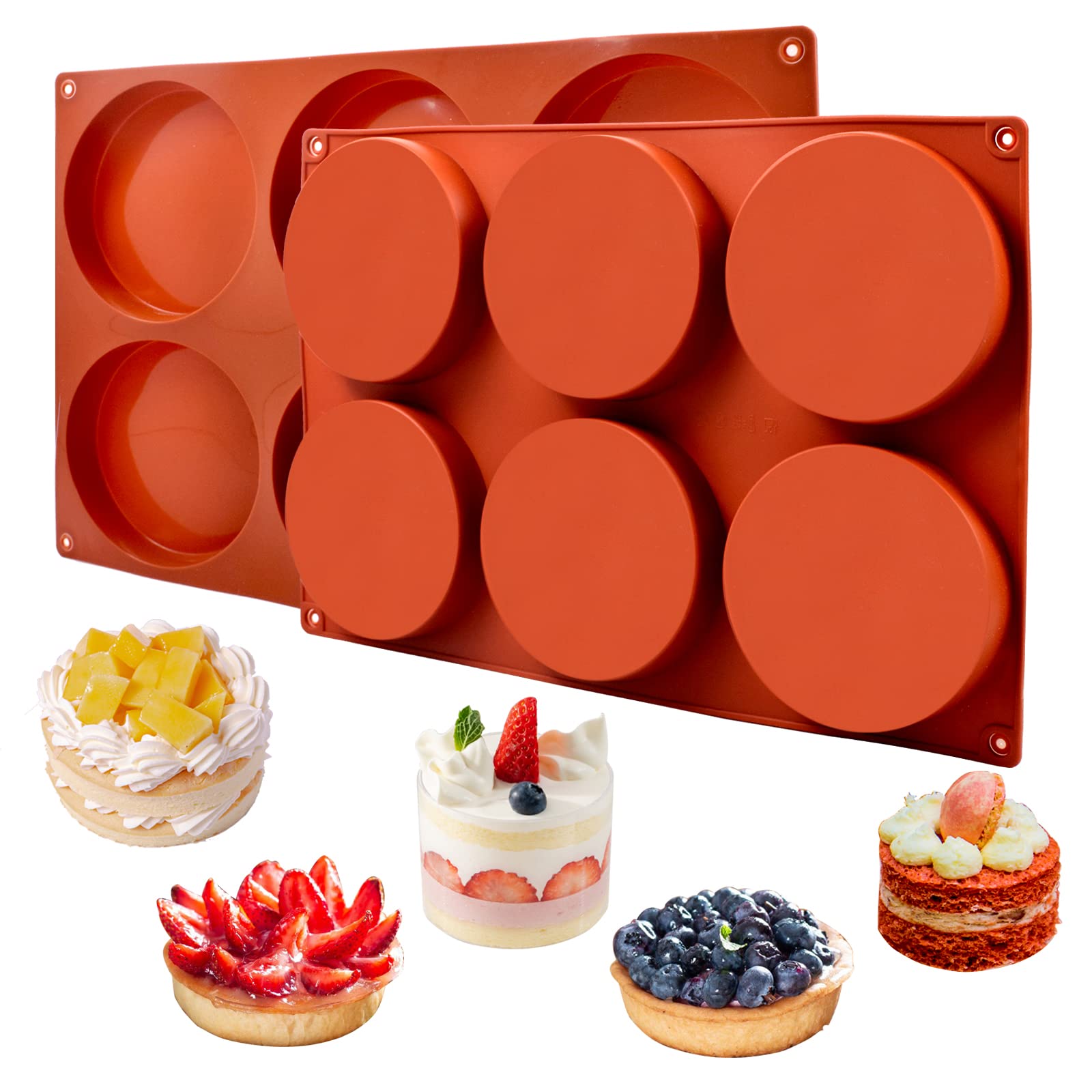 2 Pack Large Silicone Molds for Baking/Non-Stick 4 inch 6-Cavity Round Silicone Baking Mold for Whoopie Pie Pan, Corn Bread, Candy, Eggs, Muffin, Soap,