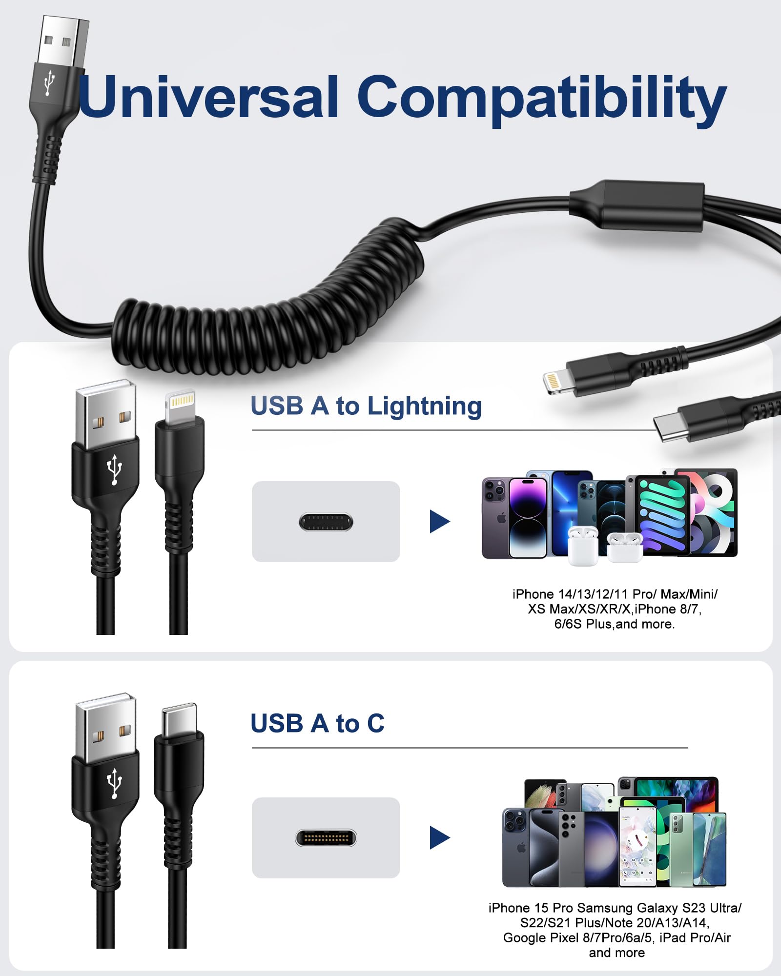 Coiled Lightning Cable for iPhone 15 Pro Max, Curled Multi Charging Cable Wire 2-in-1 USB to Lightning/Type C Port Fast Charging Cord for Car, Apple 16 14 Plus 13 12 11 iPad Air Mini, Galaxy, Pixel