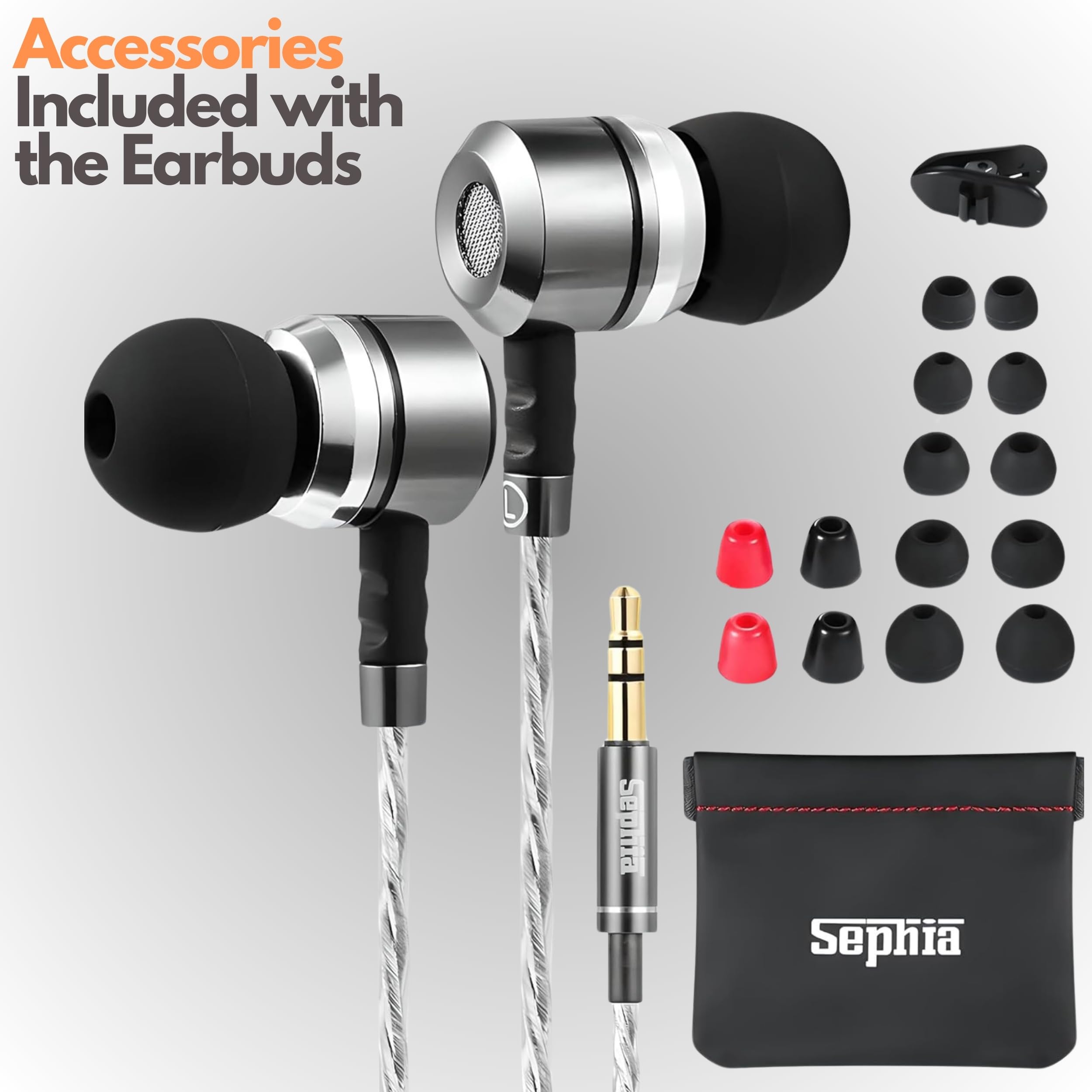 Sephia SP3060 Wired Headphones, HD Bass Driven Audio, Lightweight Aluminum Wired in Ear Earbud Headphones, S/M/L Ear Bud Tips, Earphone Case, 3.5mm Tangle-Free Cord, No Mic