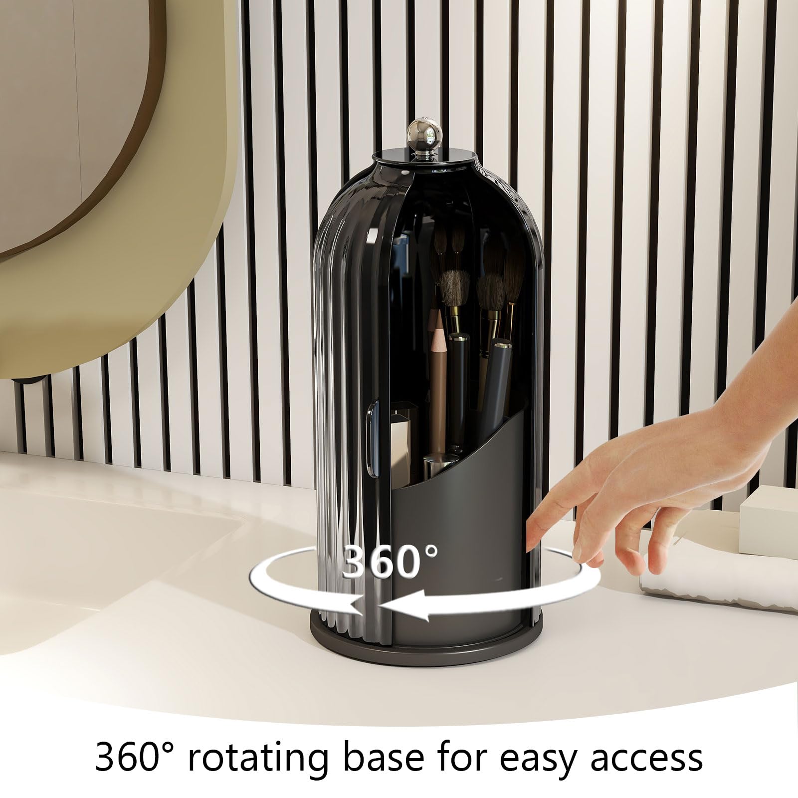 Emljkvp Makeup Brush Holder with Dustproof Cover 360 Rotating Makeup Brush Organizer for Vanity Bathroom, All Black