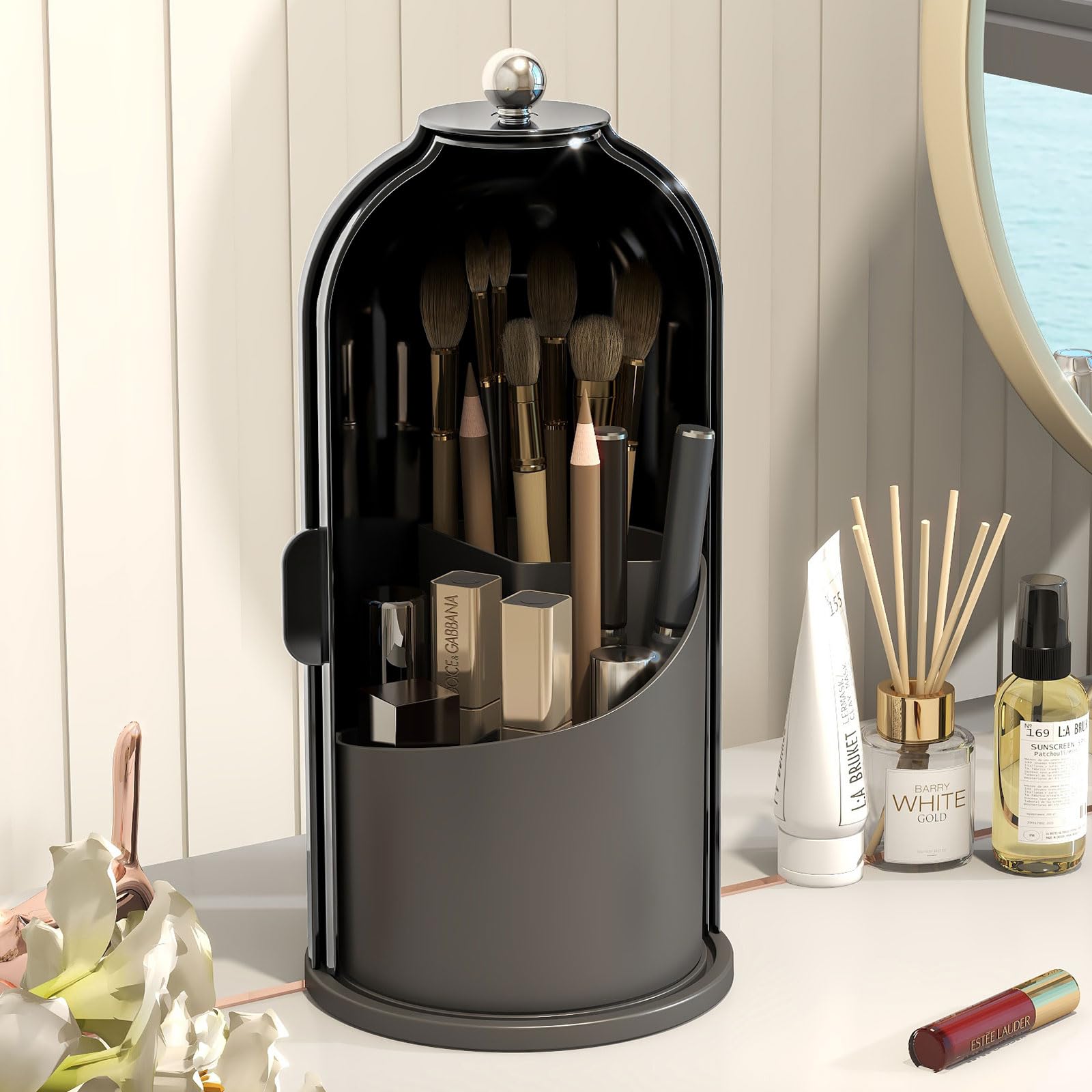 Emljkvp Makeup Brush Holder with Dustproof Cover 360 Rotating Makeup Brush Organizer for Vanity Bathroom, All Black