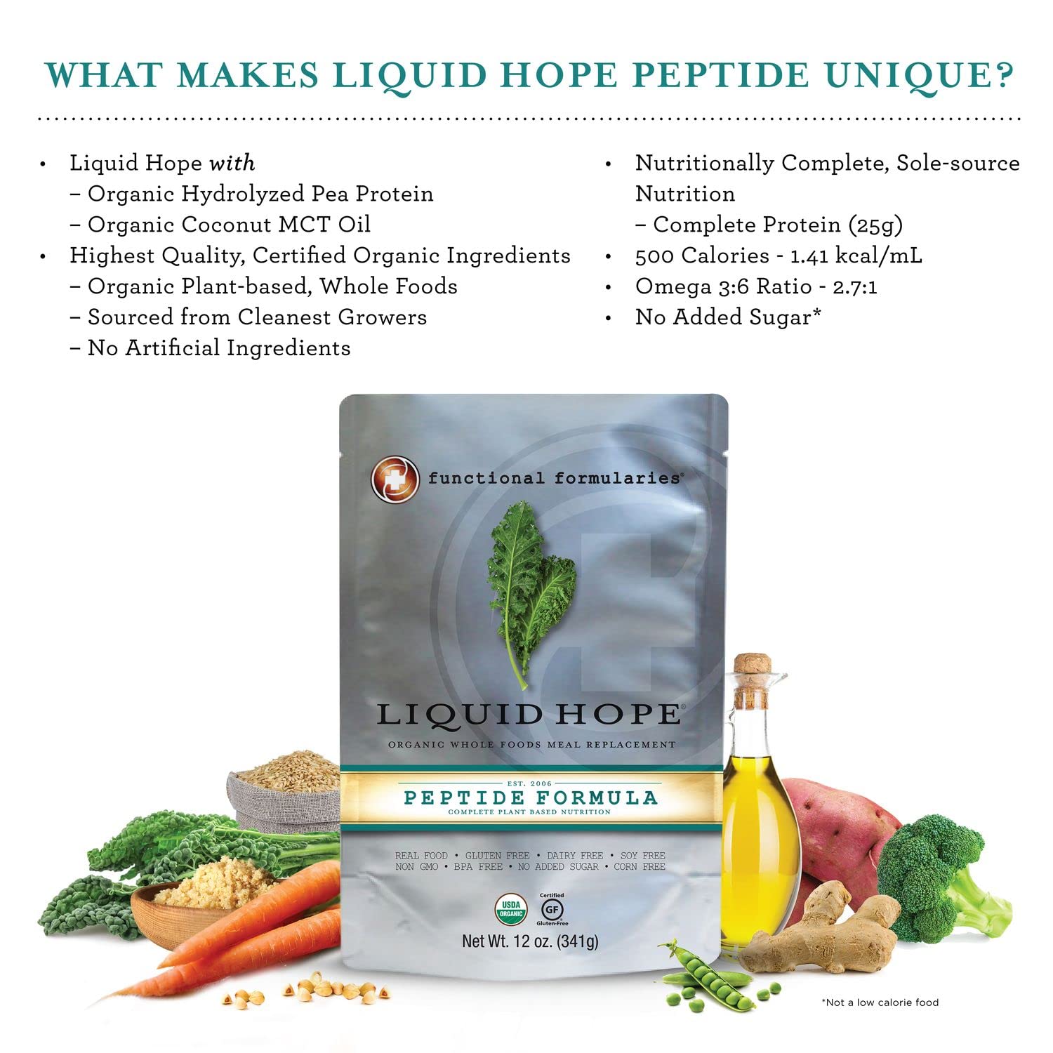 Functional Formularies Liquid Hope Peptide Organic Tube Feeding Formula and Nutritional Meal Replacement Supplement, 12 Oz Pouch, Pack of 12