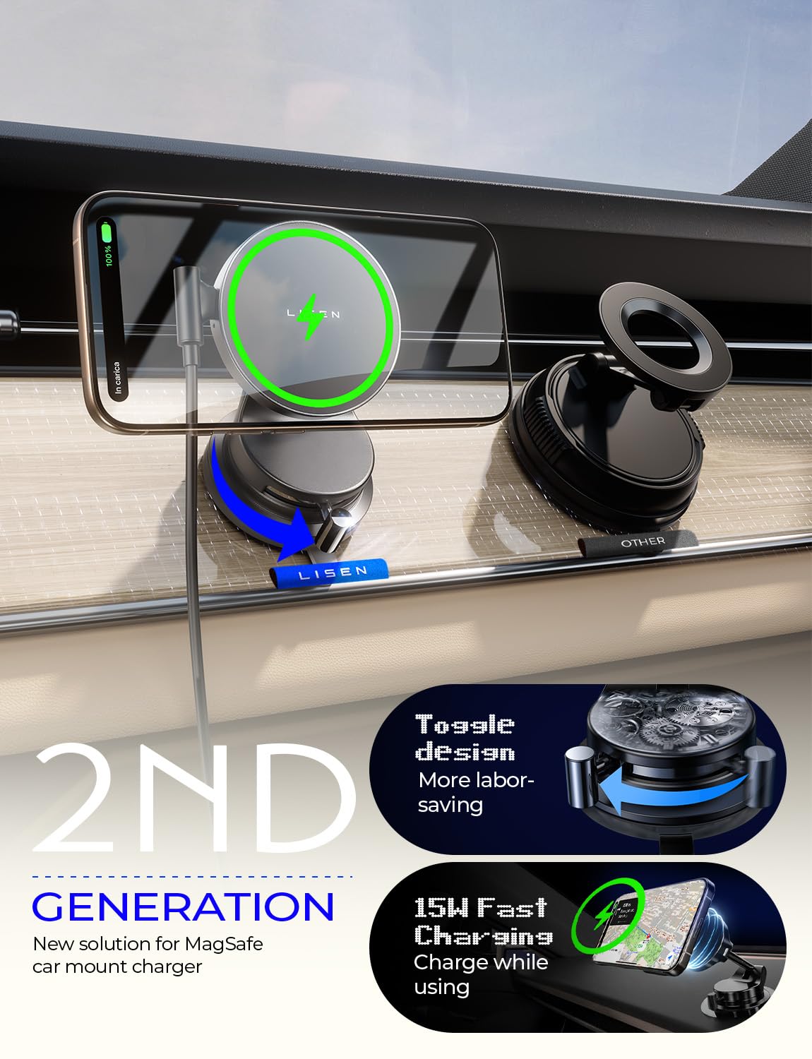 LISEN 15W Magsafe Car Mount Charger，[Lever Lock] Suction Cup Phone Mount,360° Vacuum Magnetic Car Phone Holder Charger Wireless for iPhone 17 Pro Max Air 16-12,Pixel 10,Samsung with MagSafe Case