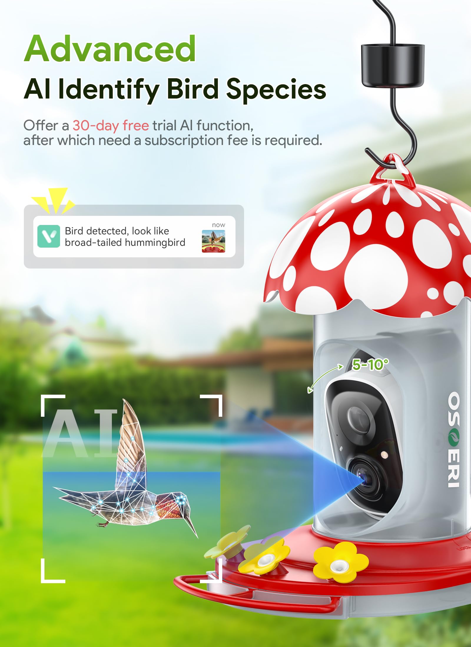 Osoeri Hummingbird Feeder with Camera, 2K HD AI Identify Solar Bird Feeders Camera for Outdoors Hanging, Smart Auto Capture Motion Bird Videos, Ant & Bee Proof, Ideal Gift for Bird Lovers&Family