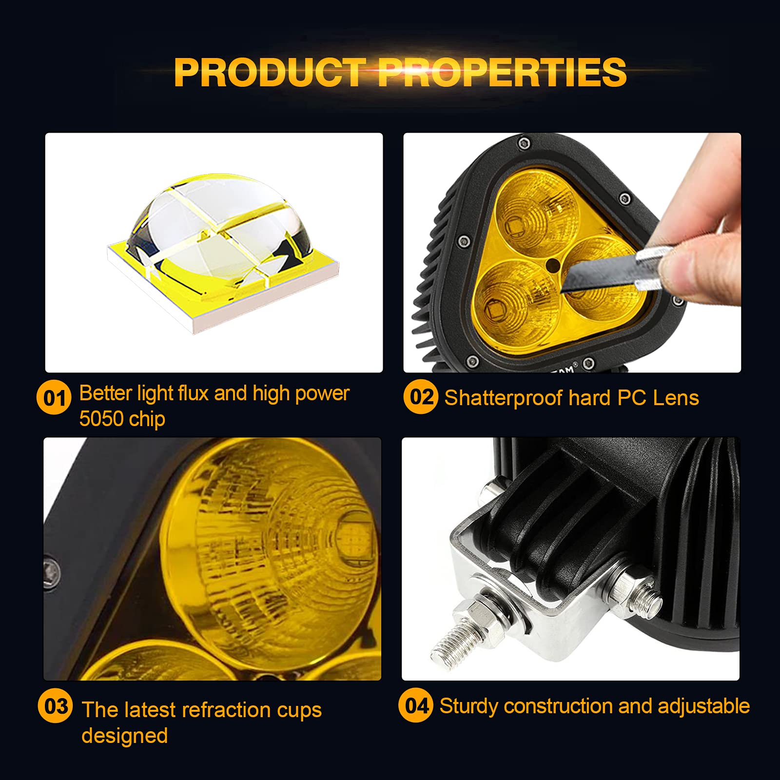 Auxbeam 4in 90W Led Amber Fog Light, Super Bright 9000LM LED Off Road Light Yellow Spot Flood Combo Triangle Led Pod for Jeep Motorcycle SUV Trucks Boat