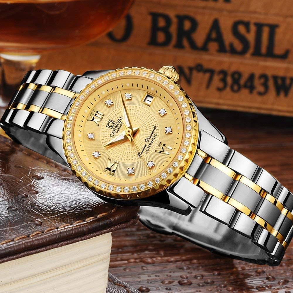 BESTKANG Luxury Watches Automatic Women's 50M Waterproof Calendar Stainless Steel Mechanical Watch Self Winding (Two Tone Gold)