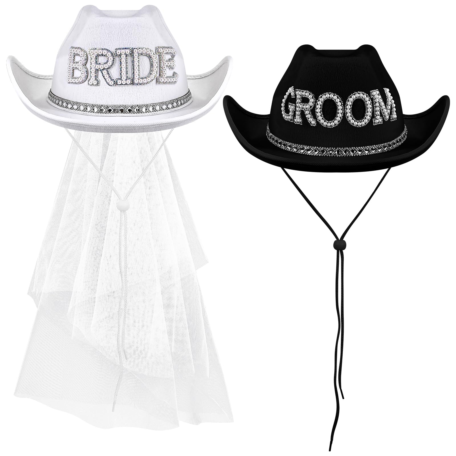 Geyoga 2 Pcs White Bride Cowboy Hat with Veil Black Groom Cowboy Hats for Wedding Bridal Shower Decor Gifts (Bride & Groom)