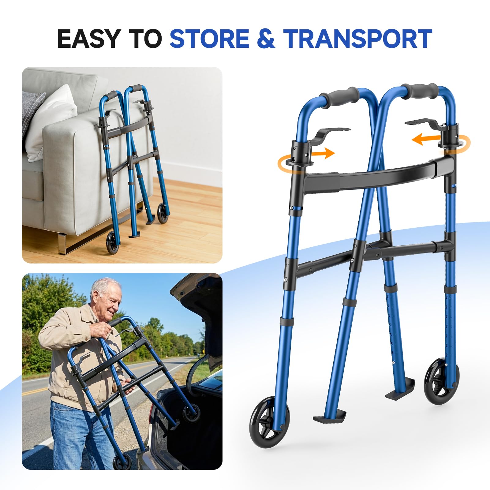 Loyoda Folding Walker for Seniors, Front Wheel Walker with Storage Bag & Rear Ski Glides, Height Adjustable, 350lbs Capacity, Blue