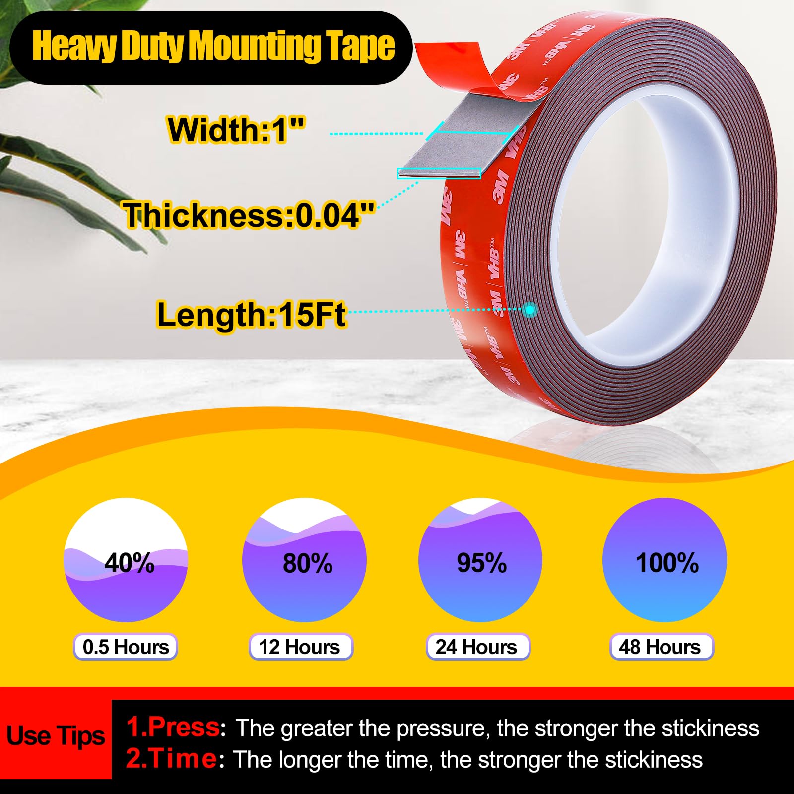 PHIXBEAR 1" Width Double Sided Foam Tape, Made of 3M VHB, Waterproof Outdoor Automotive Decor Wall Tape, Heavy Duty Mounting Tape, Super Strong Adhesive Tape, 15Ft Length
