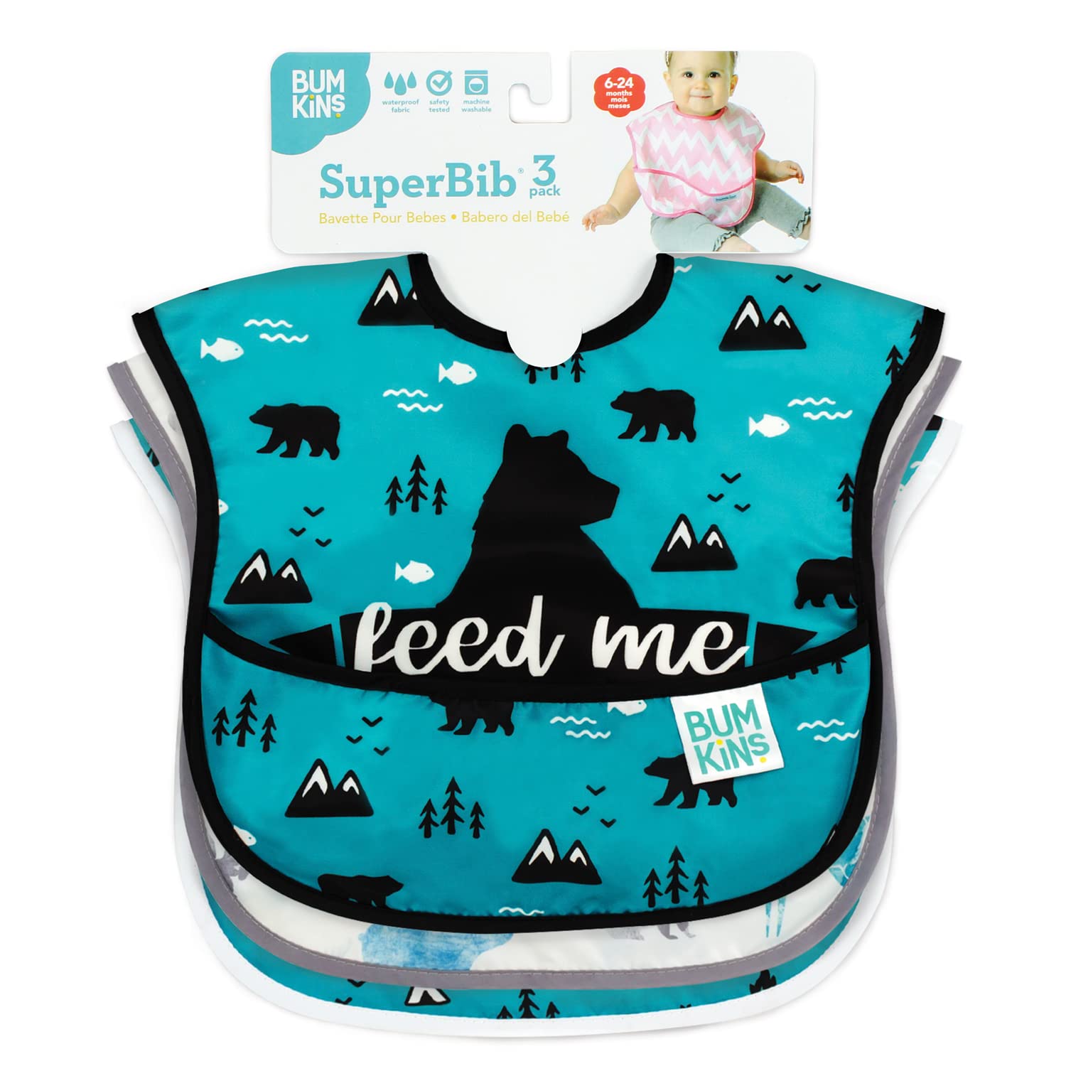 Bumkins Bibs for Girl or Boy, SuperBib Baby and Toddler for 6-24 Months, Essential Must Have for Eating, Feeding, Baby Led Weaning Supplies, Mess Saving Catch Food, 3-pk Outdoors and Wildlife