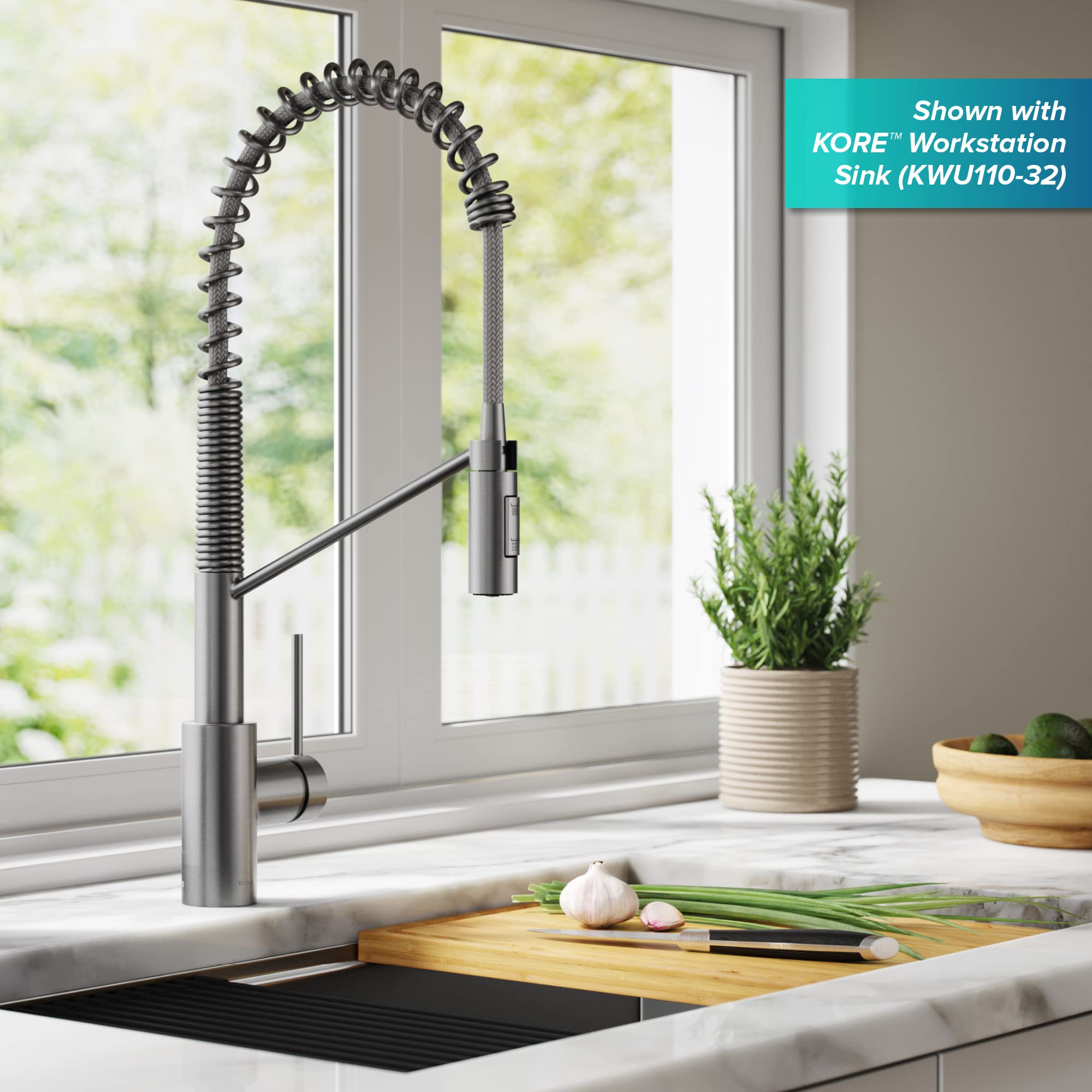 KRAUS Oletto Commercial Style Single Handle Pull Down Kitchen Faucet with QuickDock Top Mount Installation Assembly in Spot Free Stainless Steel, KPF-2631SFS