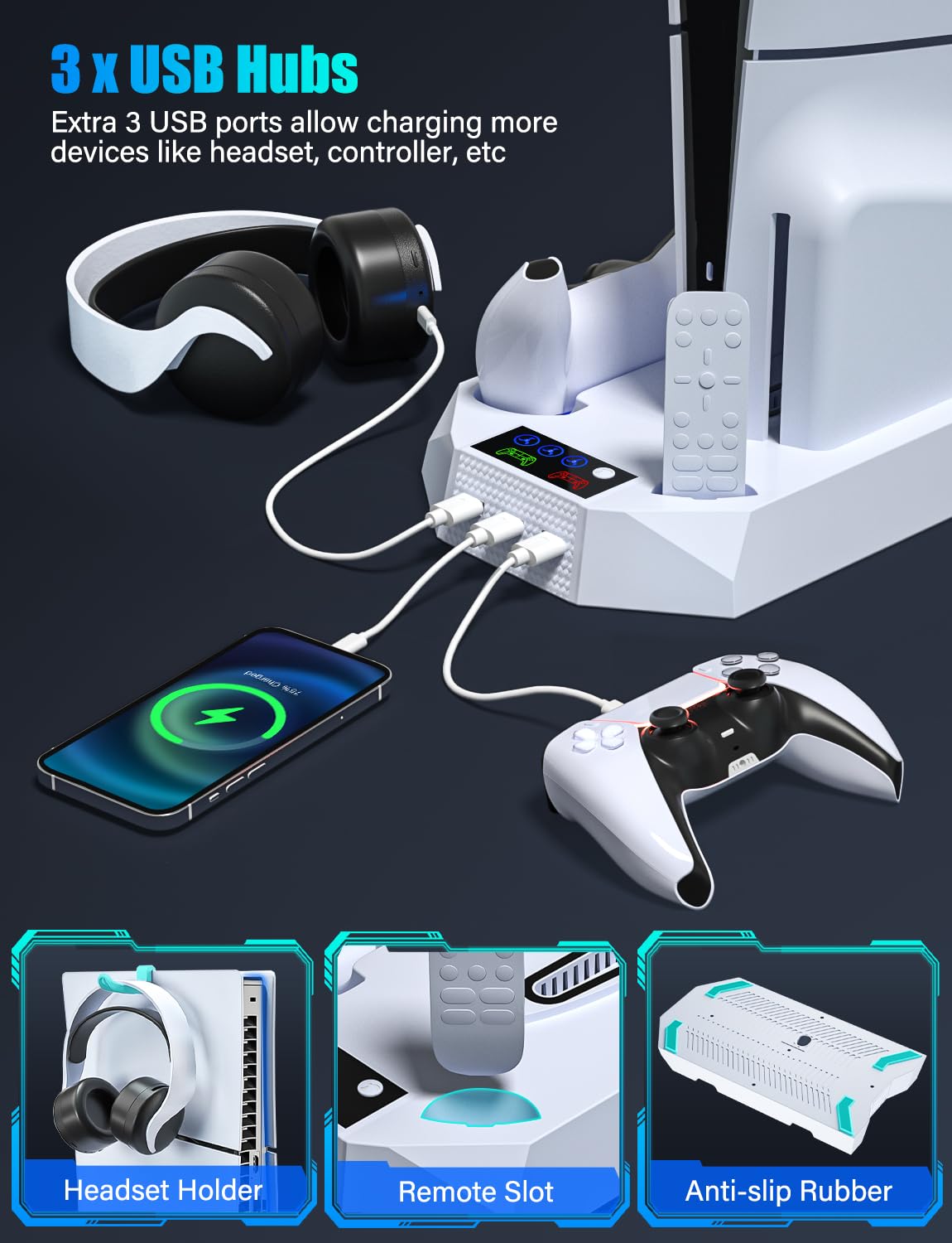 PS5 Slim Stand with Cooling Station for PS5 & PS5 Slim Console Disc/Digital Edition, PlayStation 5 Cooling Station with Dual PS5 Controller Charger, 3 Levels Cooling Fan, 3 USB Hubs, Headset Holder