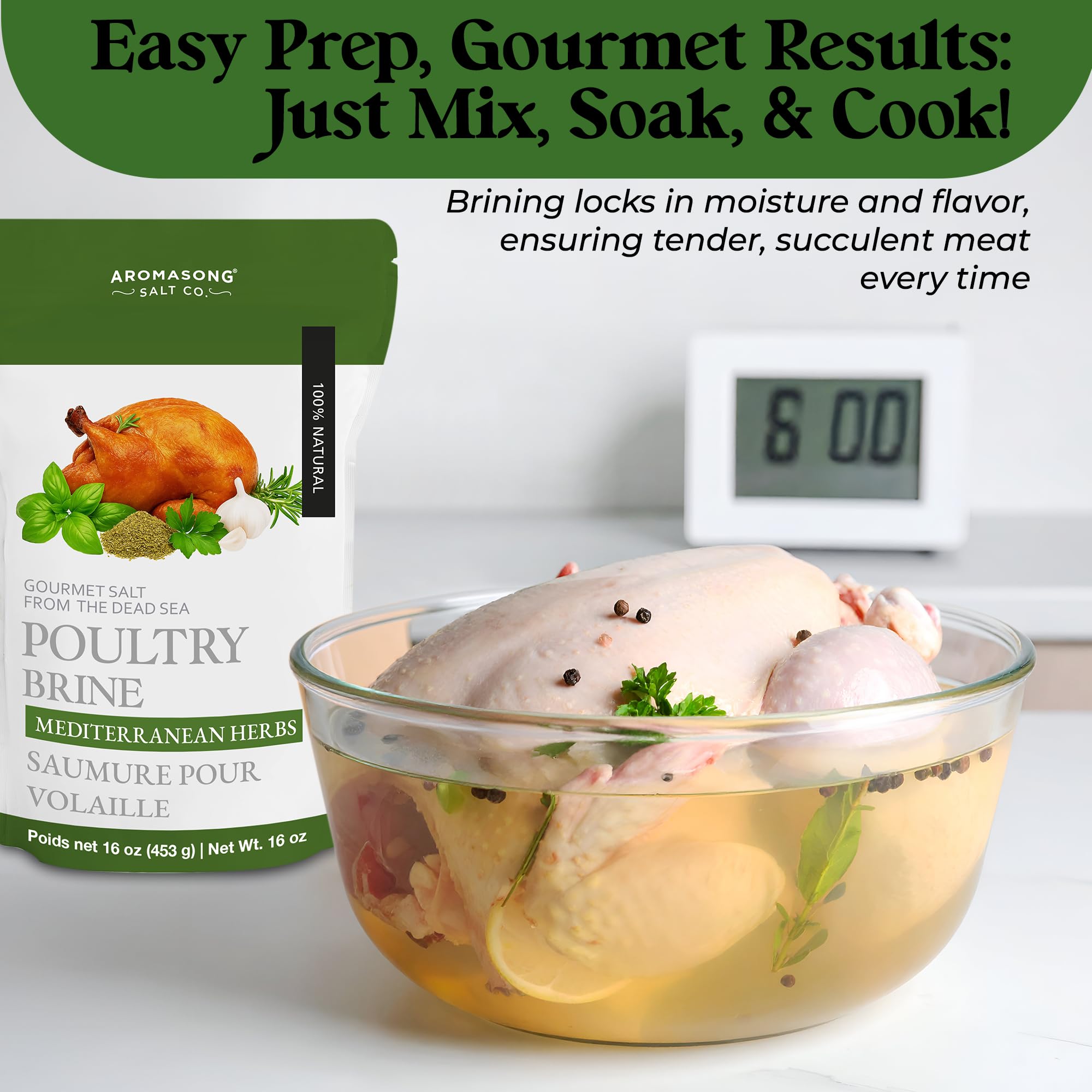 Aromasong Mediterranean Dead Sea Turkey Brine – 1 LB – All-Natural Wet & Dry Brining Mix with Mediterranean Herbs – For Whole, Smoked, Oven-Roasted, or Fried Turkey – Made in USA