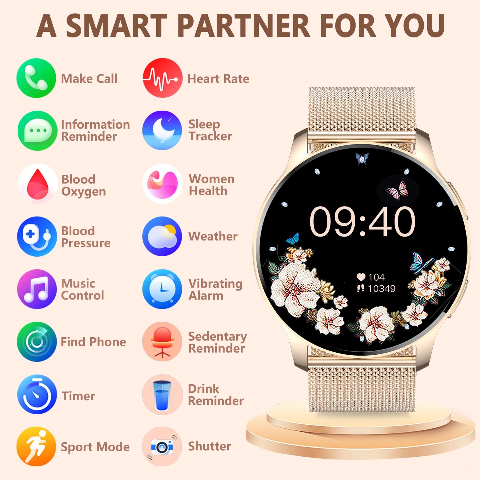 Erkwei Smart Watches for Women(Make/Answer Call) Smartwatch for iOS Android Phones Fitness Tracker with Heart Rate Sleep Monitor Pedometer AI Voice Control Digital Watch for Women