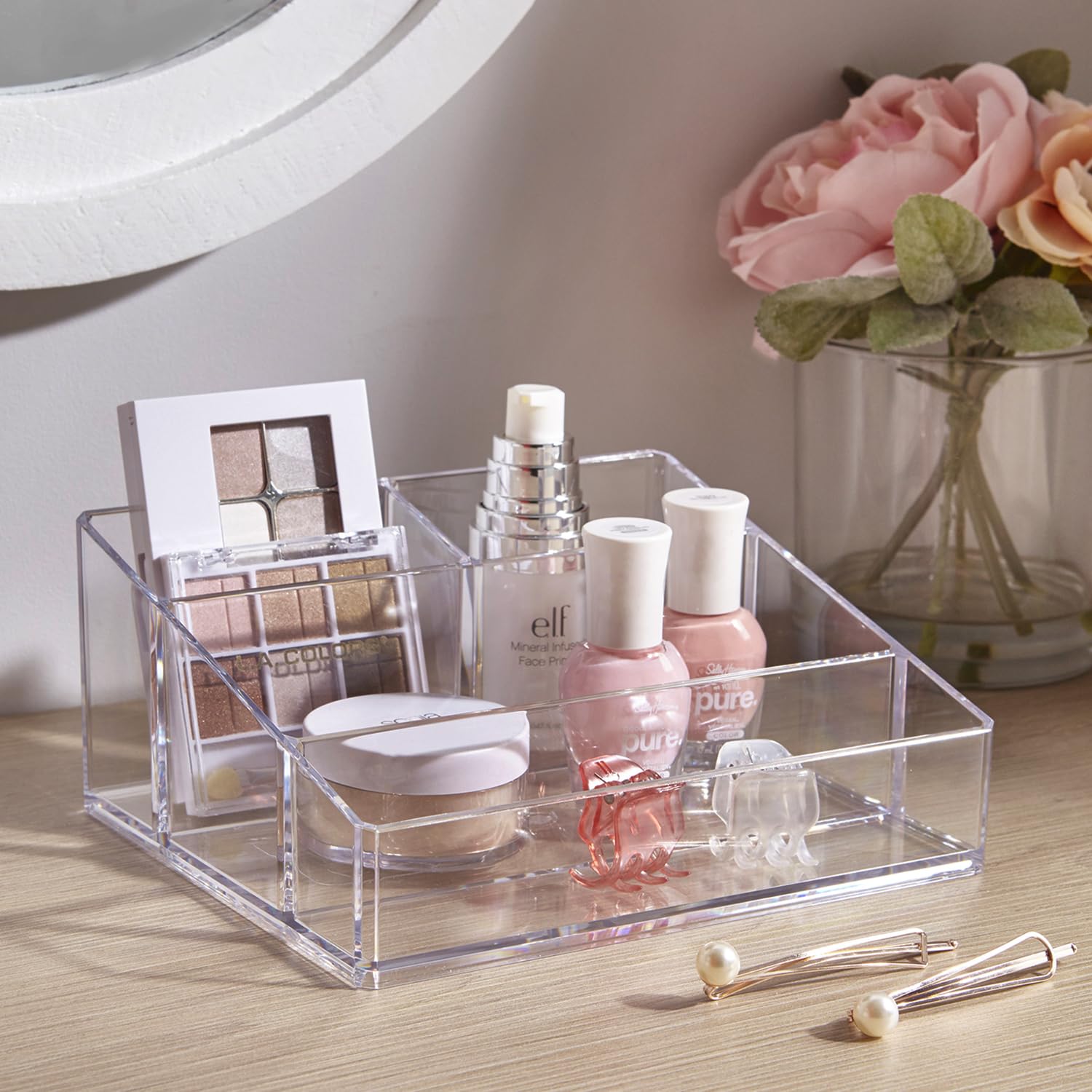 STORi Clear Plastic Vanity Makeup Organizer | Compact Rectangular 4-Compartment Holder for Brushes, Eyeshadow Palettes, & Beauty Supplies | Made in USA