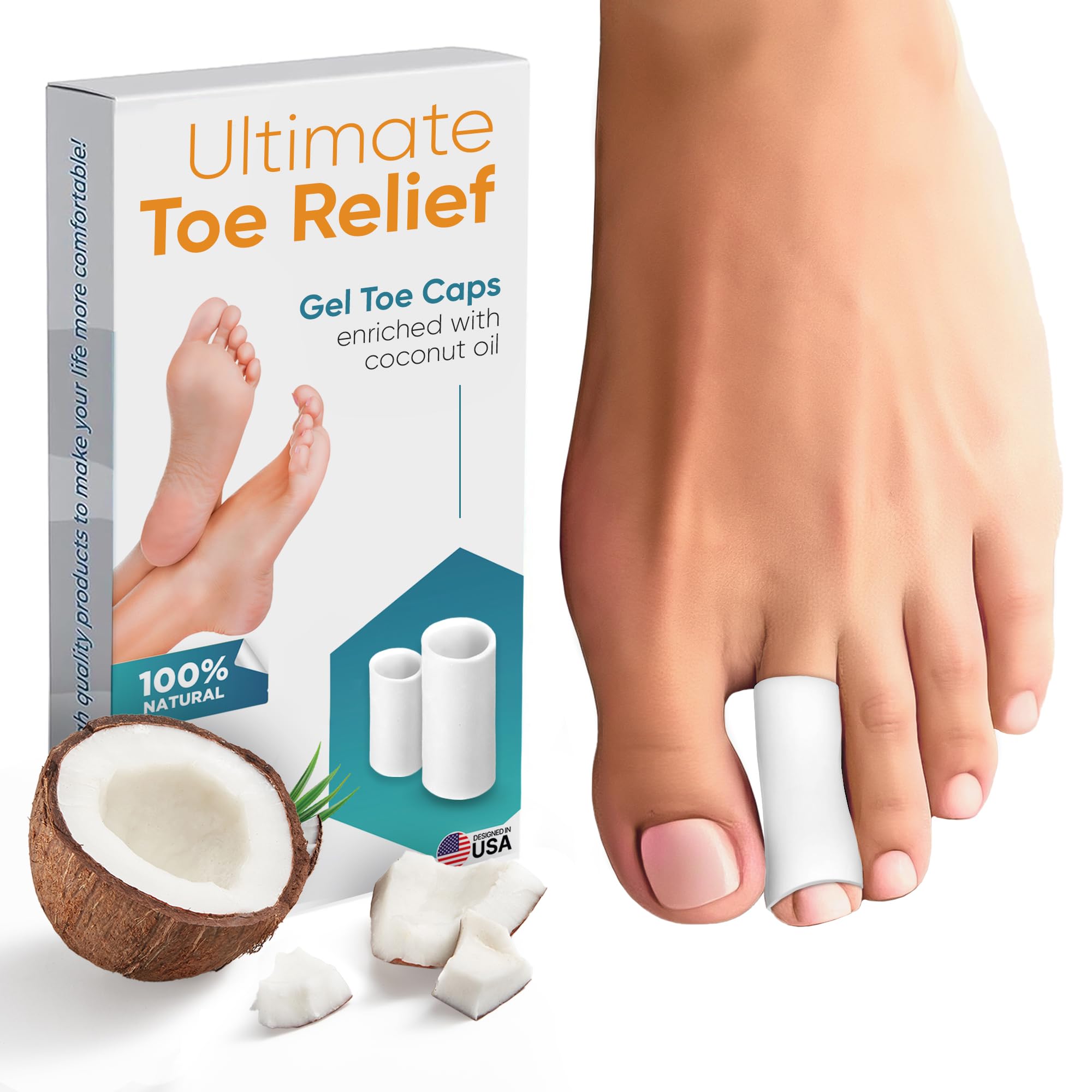 Soft Gel Toe Cap with Coconut Oil Extract - 6 Pack Small Protectors for Women & Men, Cushioning Toe Sleeves to Provide Relief from Missing/Ingrown Toenails, Corns, Calluses, Blisters
