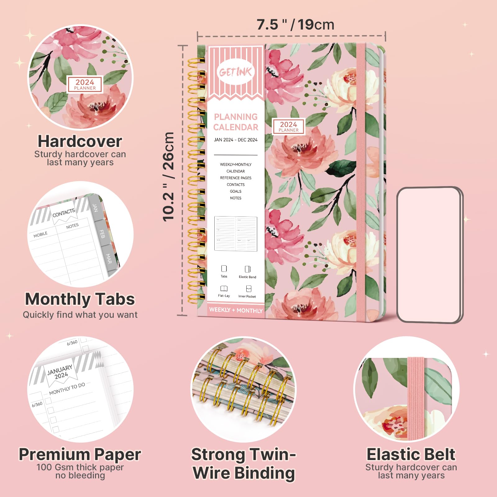 GETINK 2024 Planner Daily Weekly and Monthly for Women, Jan.2024 - Dec.2024, Hardcover Agenda 2024 Calendar Planner Book with Monthly Tab, Spiral Bound, Inner Pocket (7.5”×10”, Flower Pink-24 Year)