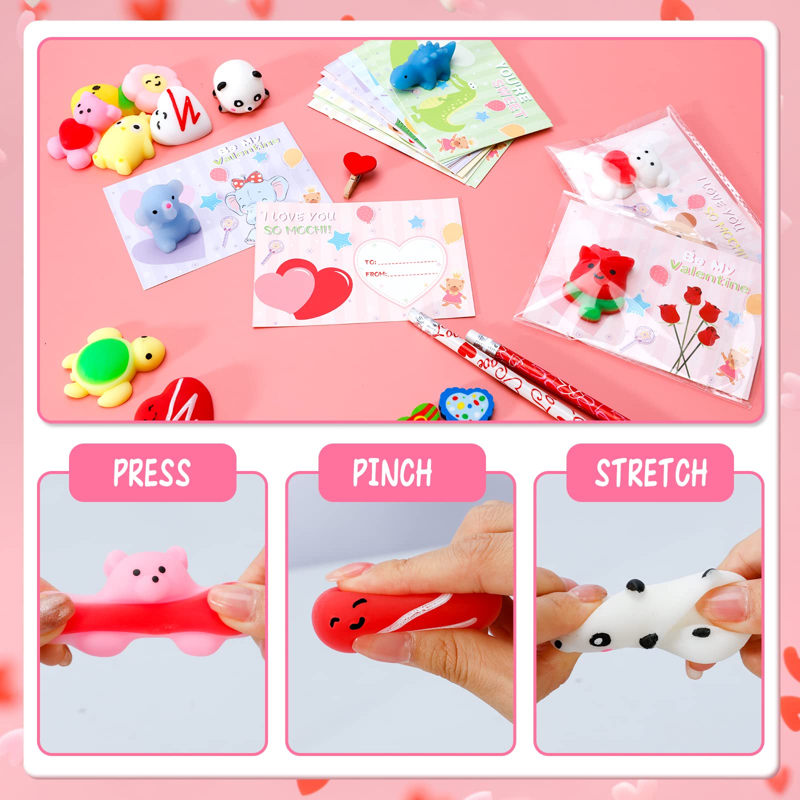 MGparty Valentines Gifts for Kids with 38 Pack Kawaii Mochi Squishies Toys, Valentines Cards for Kids Classroom Exchange Prizes Boys Girls School Party Favors