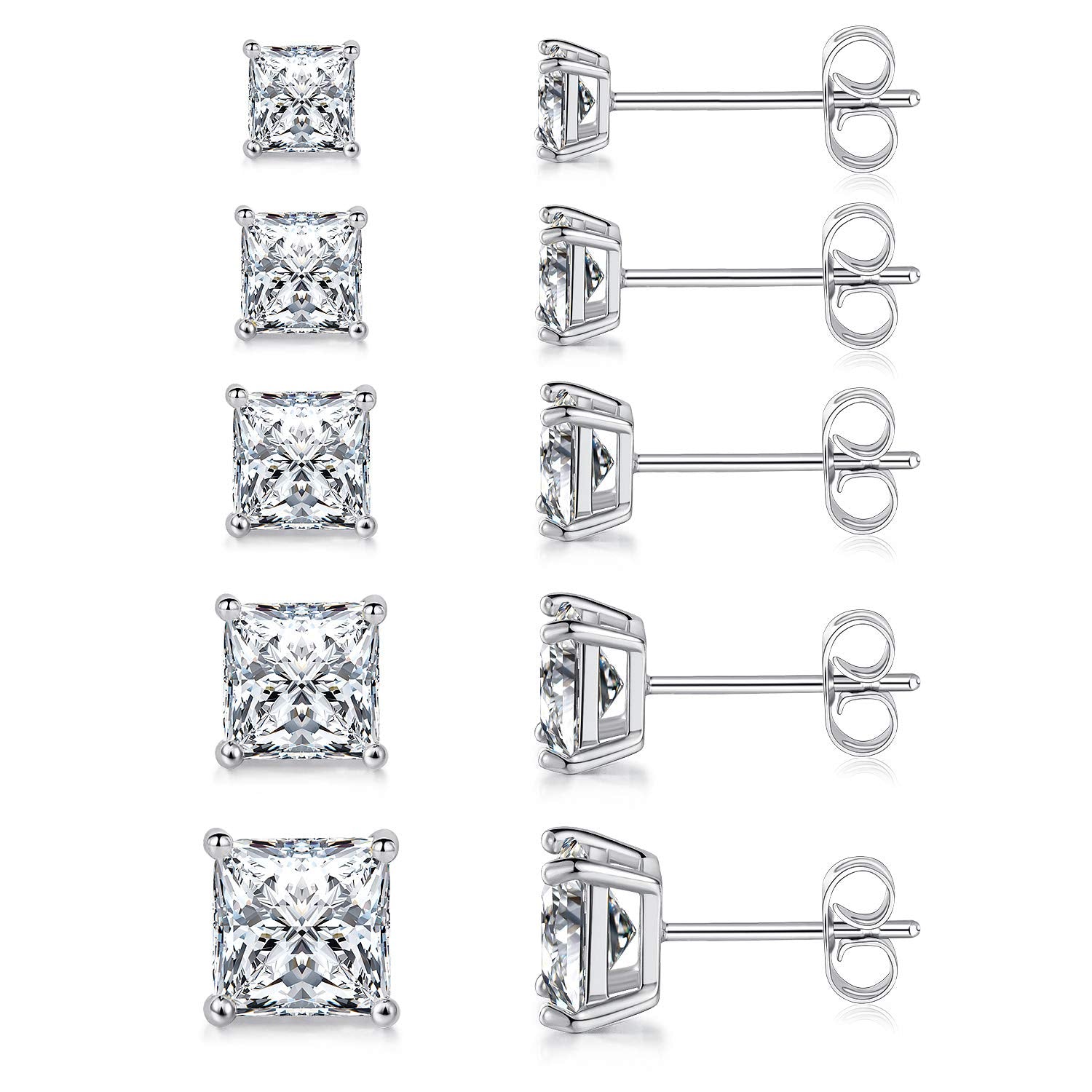 MDFUN 18K White Gold Plated Princess Cut Square Clear Cubic Zirconia Stud Earring Pack of 5 Pairs