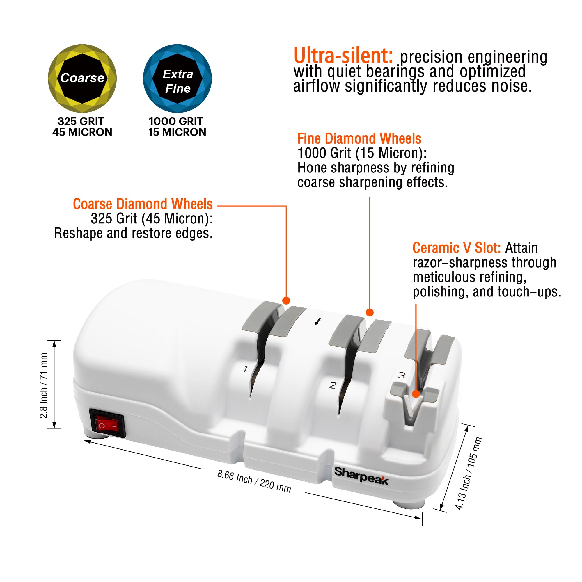 Sharpeak 198H-SPK Professional Electric Knife Sharpener, Versatile 3 Stages Monocrystalline Diamond Wheels Overheat Protection Ultra-Quiet Motor Quick Knife Sharpening for Kitchen Knives Easy to Use