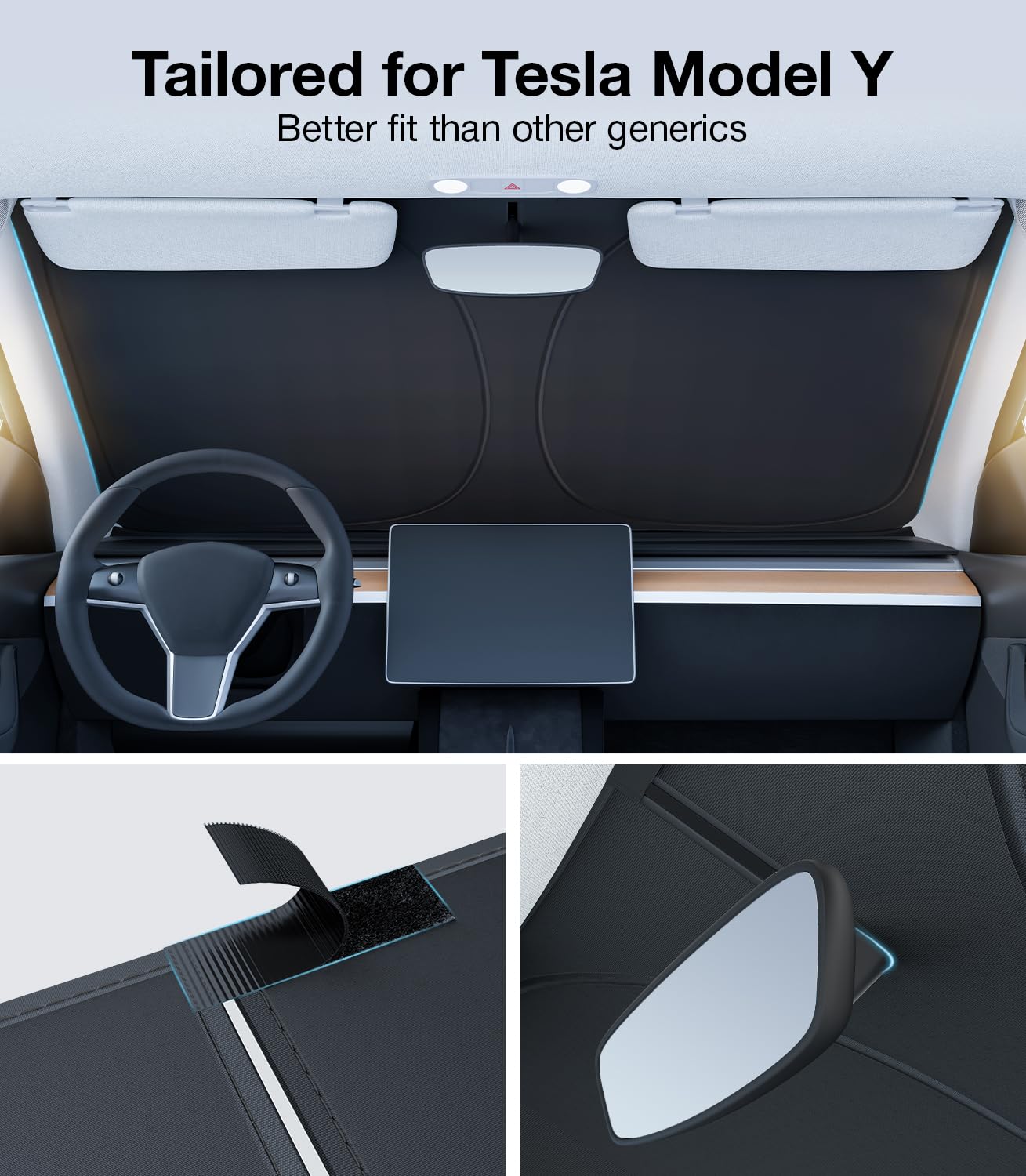 Wigoo 2024 Upgraded Accessories Tesla Model Y Windshield Sunshade [OEM Design, 100% Sun Blockage] Foldable Heat Insulation Sun Shade with Storage Bag, for Tesla Model Y 2016~2024, Silver Coating