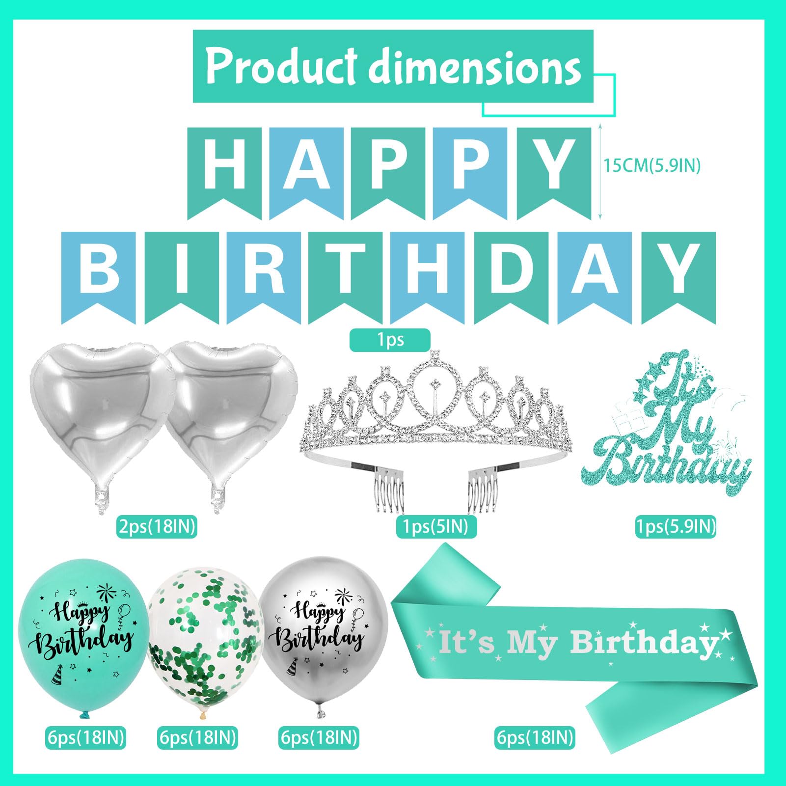 SKJIAYEE Teal Birthday Party Decorations for Girls Women, Silver Birthday Crown and Heart Star Foil Balloons, Happy Birthday Banner and Cake Topper, "It's My Birthday" Sash (Teal + Silver)