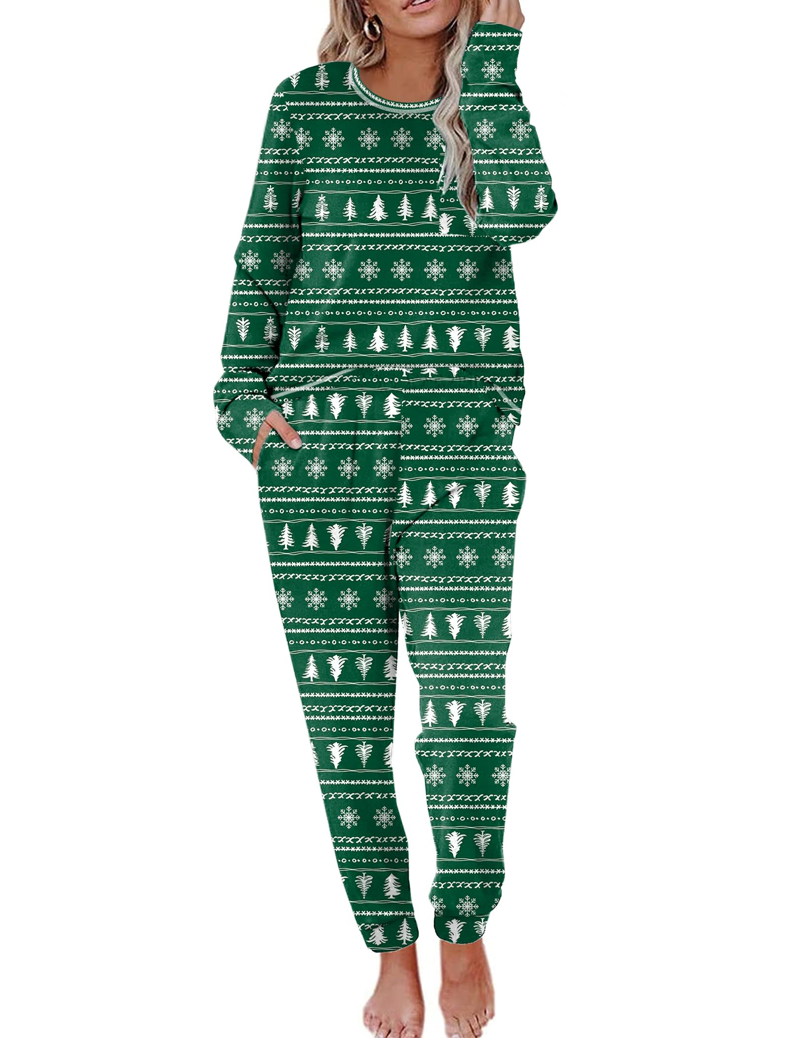 Ekouaer Pajamas Women's Long Sleeve Pj Set Soft 2 Piece Loungewear Sleepwear with Jogger Pants Green with Christmas trees XL