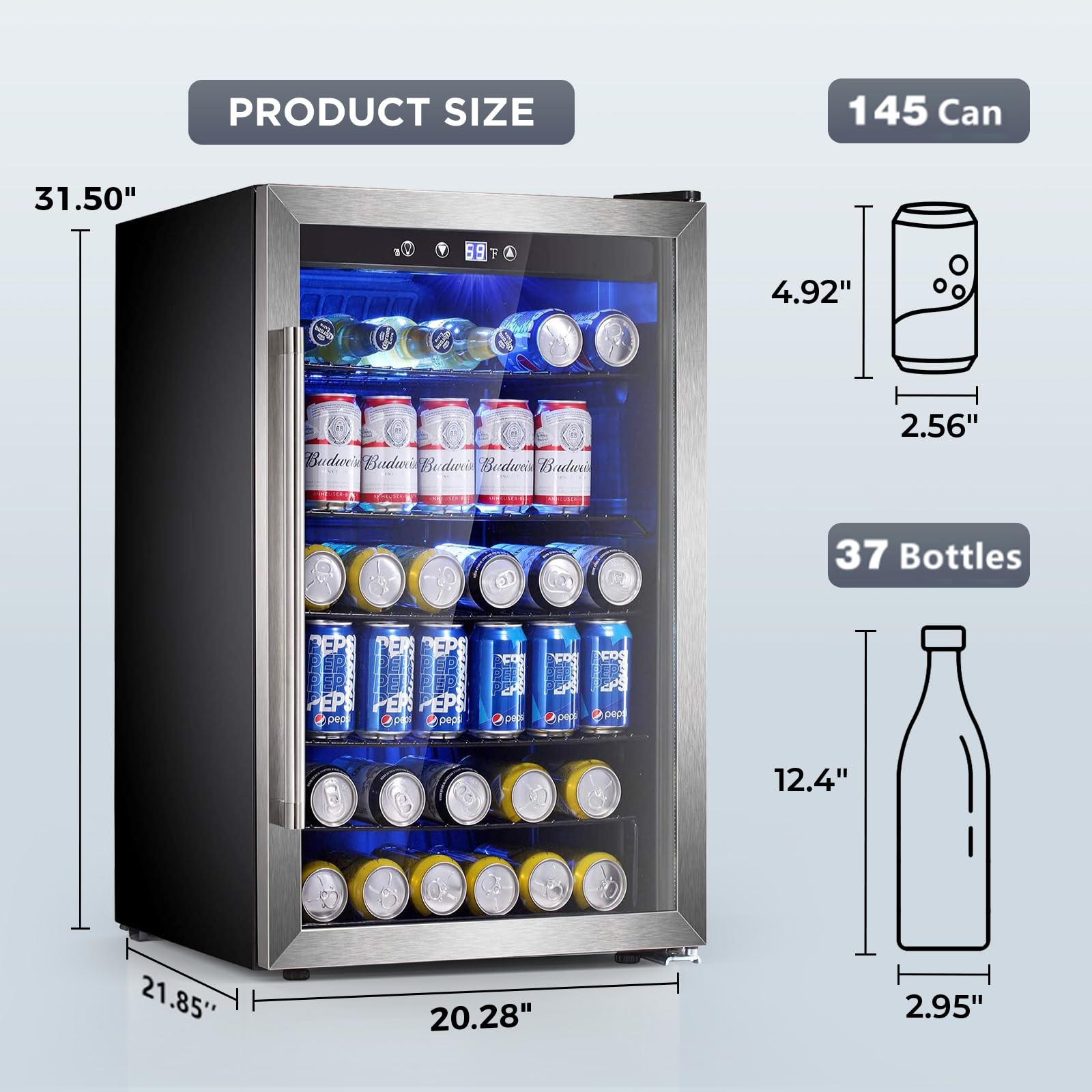 Wine Cooler 37 Bottle Freestanding Fridge with Stainless Steel Reversible Glass Door, 145 Can Beverage Refrigerator Quiet Compressor for Home Kitchen Bar, 4.5 Cu.ft Silver