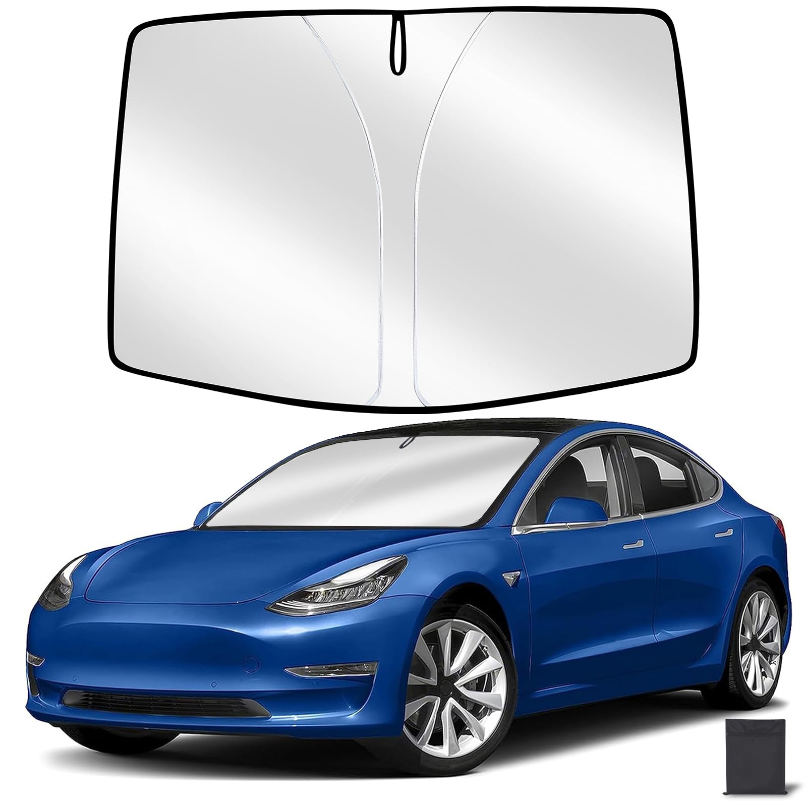 Carautomust Windshield Sun Shade for Tesla Model 3/Y Car - 2024 2023-2016, 300T Premium Sunshade W/front Windows Heat Shield Tesla Accessories, Interior Sun Visor Cover Blocker for Dash Screen