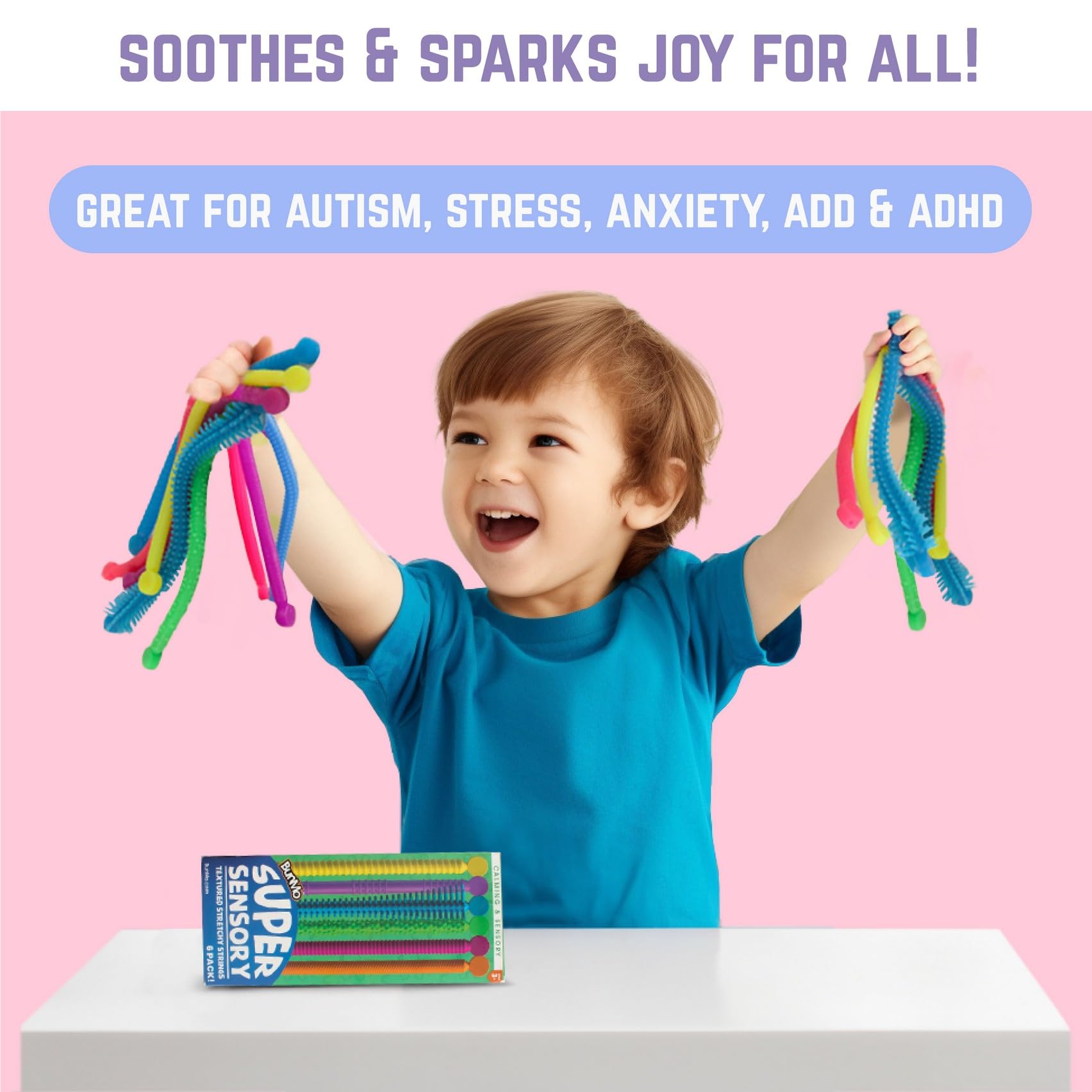 BUNMO Bundles Squishy Pens & Stretchy Strings - 3 pens 6 Refills - 6pk Super Sensory Monkey Stretch Noodles - Kids Stationary & Pens for Girls - Toys for Kids