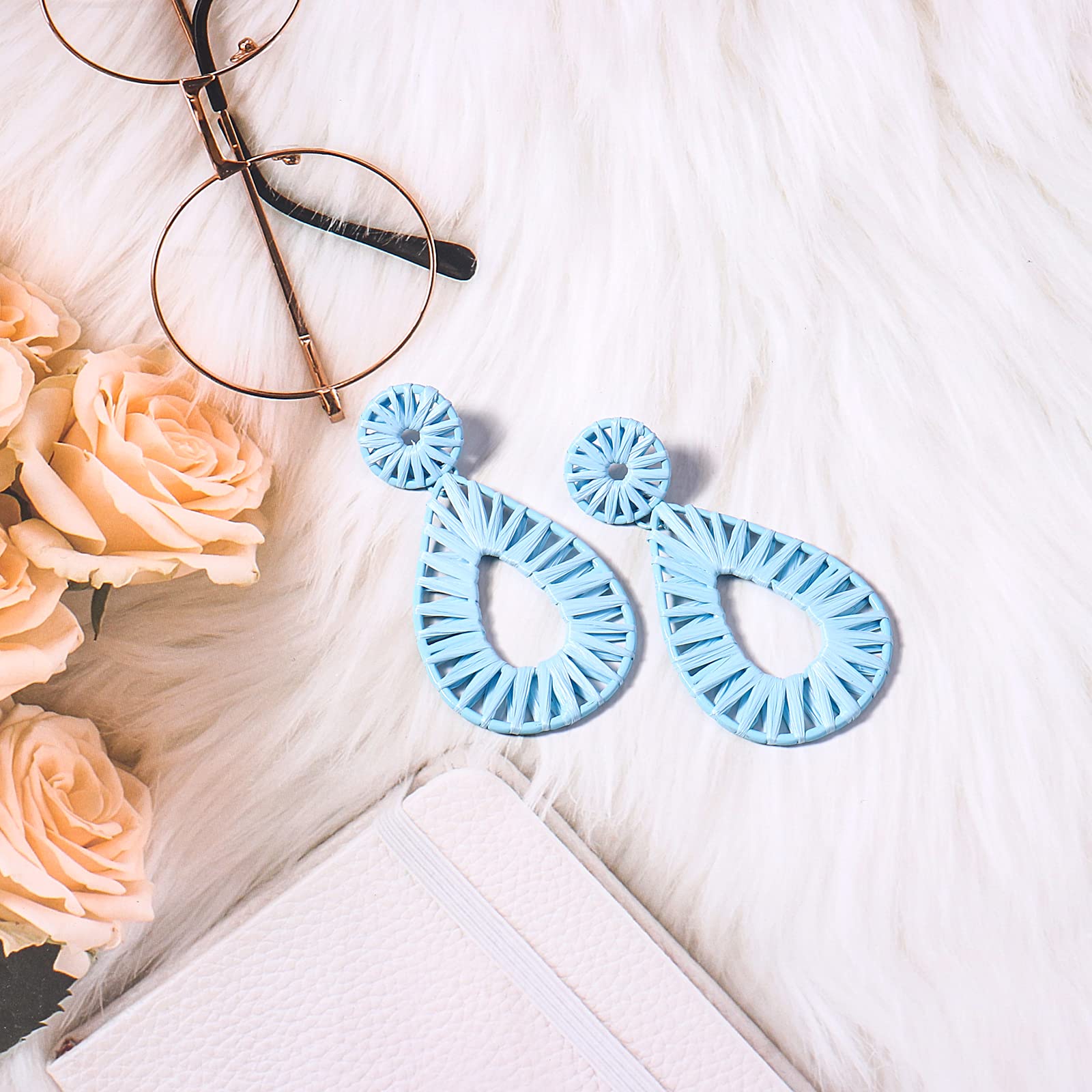 Boho Raffia Earrings Statement Teardrop Earrings Drop Dangle Bohemian Earrings for Women Cute Handmade Earring for Girls(Light Blue)