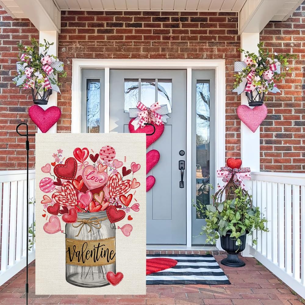 CROWNED BEAUTY Valentines Day Mason Jar Garden Flag 12x18 Inch Double Sided for Outside Small Burlap Heart Holiday Yard Flag