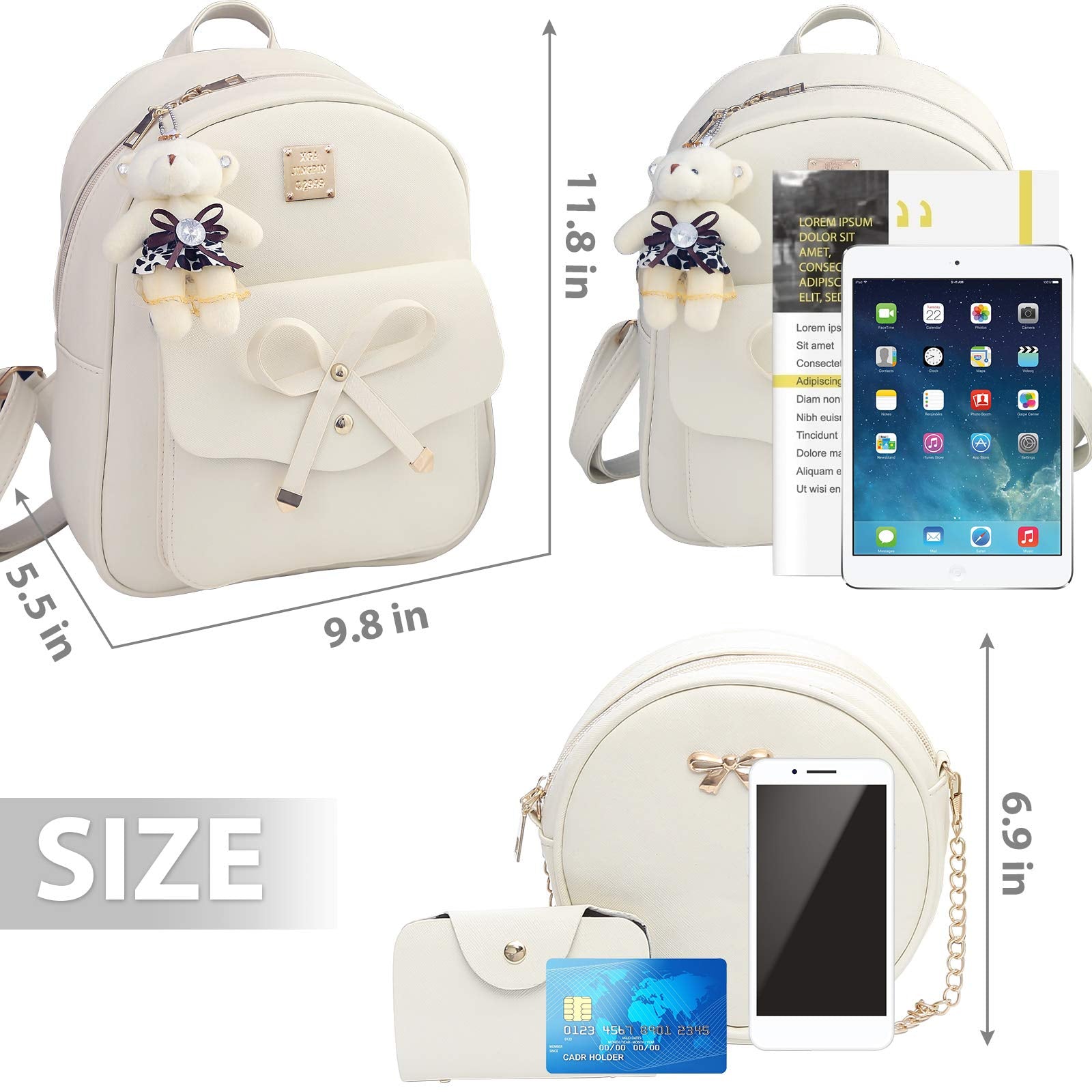 K.E.J. Cute Mini Backpack Bowknot Leather Backpack 3-PCS Small Backpack Purse for Women