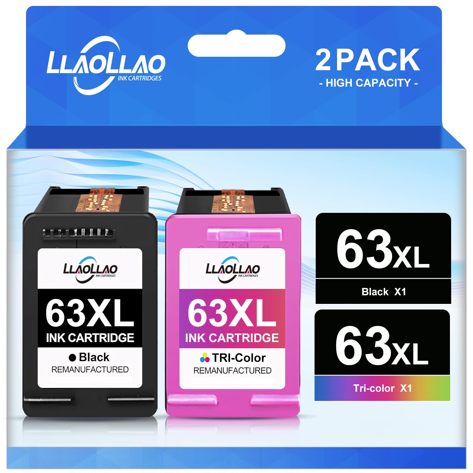 LLAOLLAO Remanufactured for HP Ink 63 Replacement for HP 63XL Ink Cartridges Black and Color for OfficeJet 3830 4650 5255 5258 5200 Envy 4520 4510 DeskJet 3637 1110 (1 Black, 1 Color)