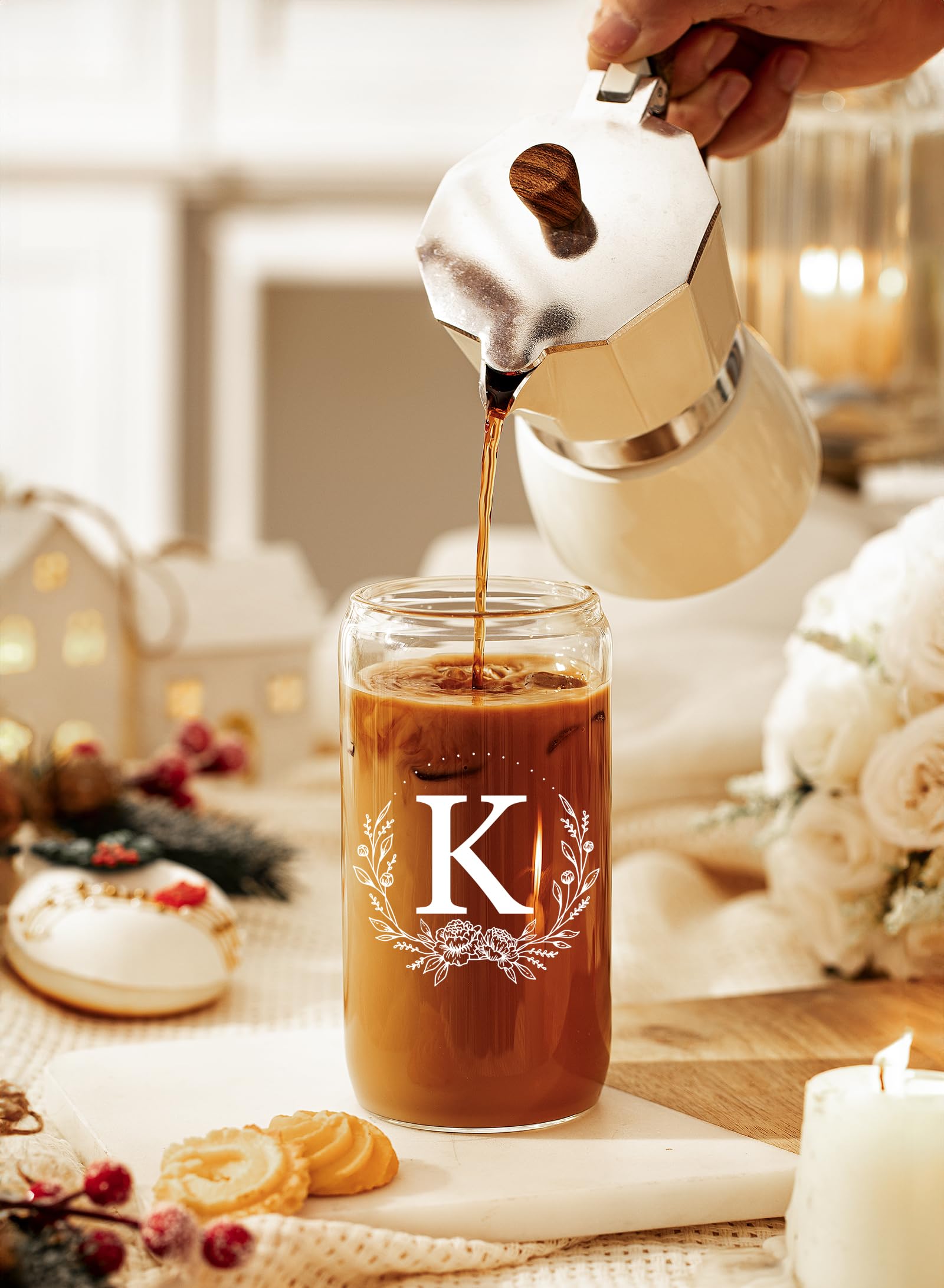 Personalized Gifts for Women, Monogrammed 16oz Glass Cups with Bamboo Lids and Straws, Customized Glass Tumbler, Cute Custom Mug, Customizable Initial Iced Coffee Glasses, Birthday Bridesmaid Mom, K