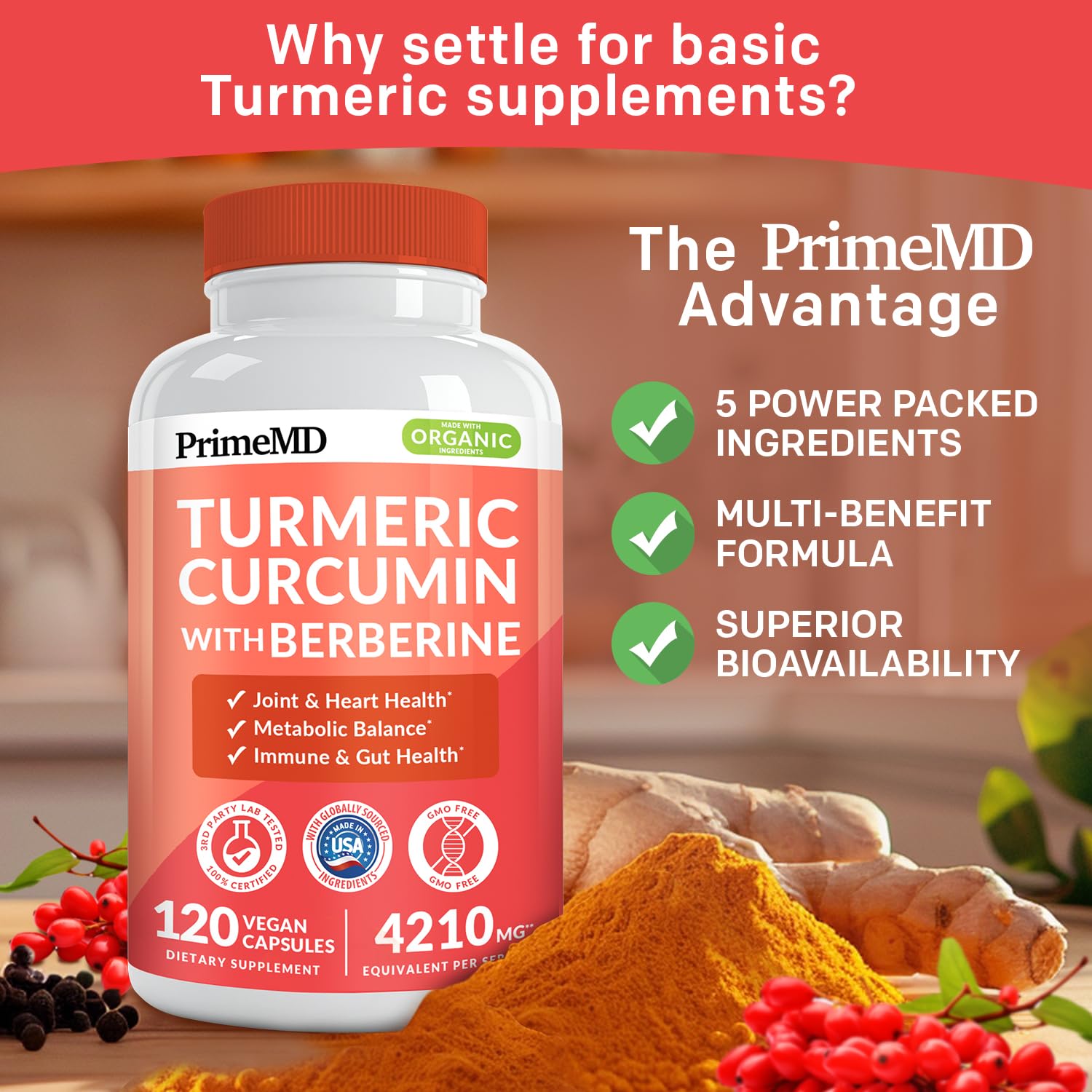 5-in-1 Organic Turmeric Curcumin Supplement (4210mg) with Berberine, Ceylon Cinnamon Bioperine and Ginger Supplements for Joint, Heart, Gut, & Metabolic Support (120 ct)